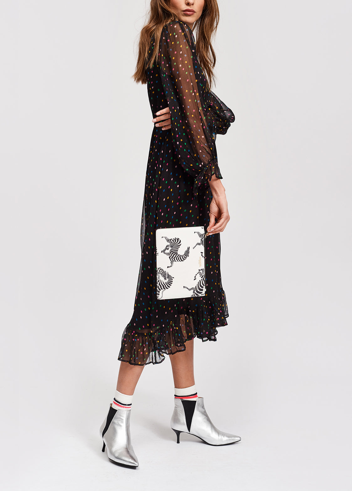 Black polka dot maxi dress with frilled hem RE—SSENTIEL | Essentiel second hand