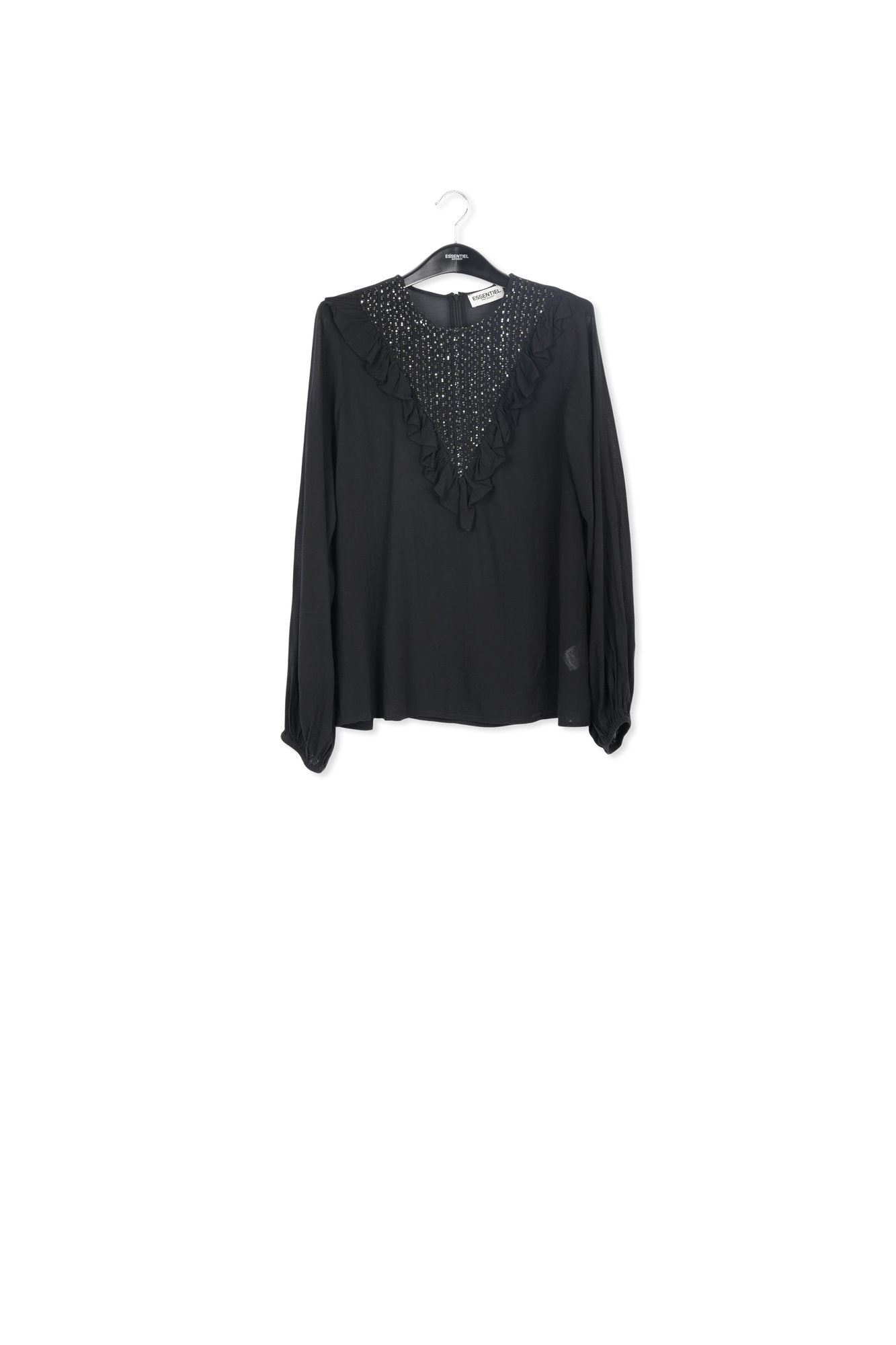 Black sequin-embroidered top with ruffles RE—SSENTIEL | Essentiel second hand