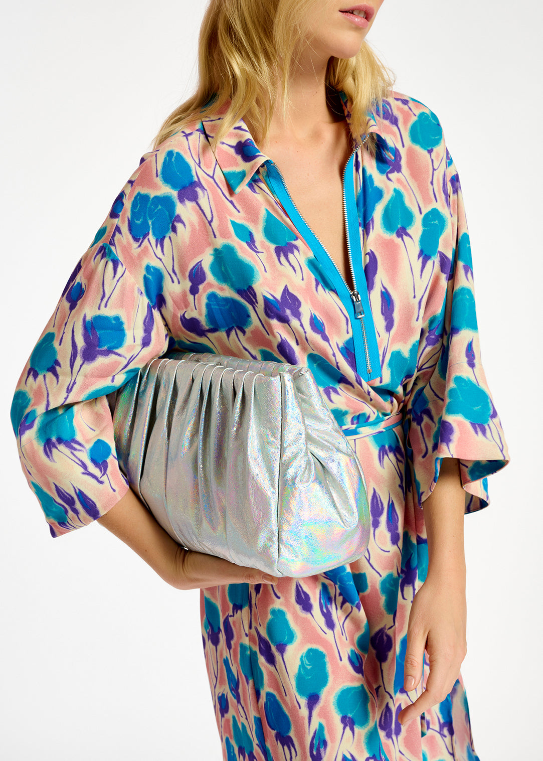 Light pink, blue and purple floral print midi-length dress RE—SSENTIEL | Essentiel second hand