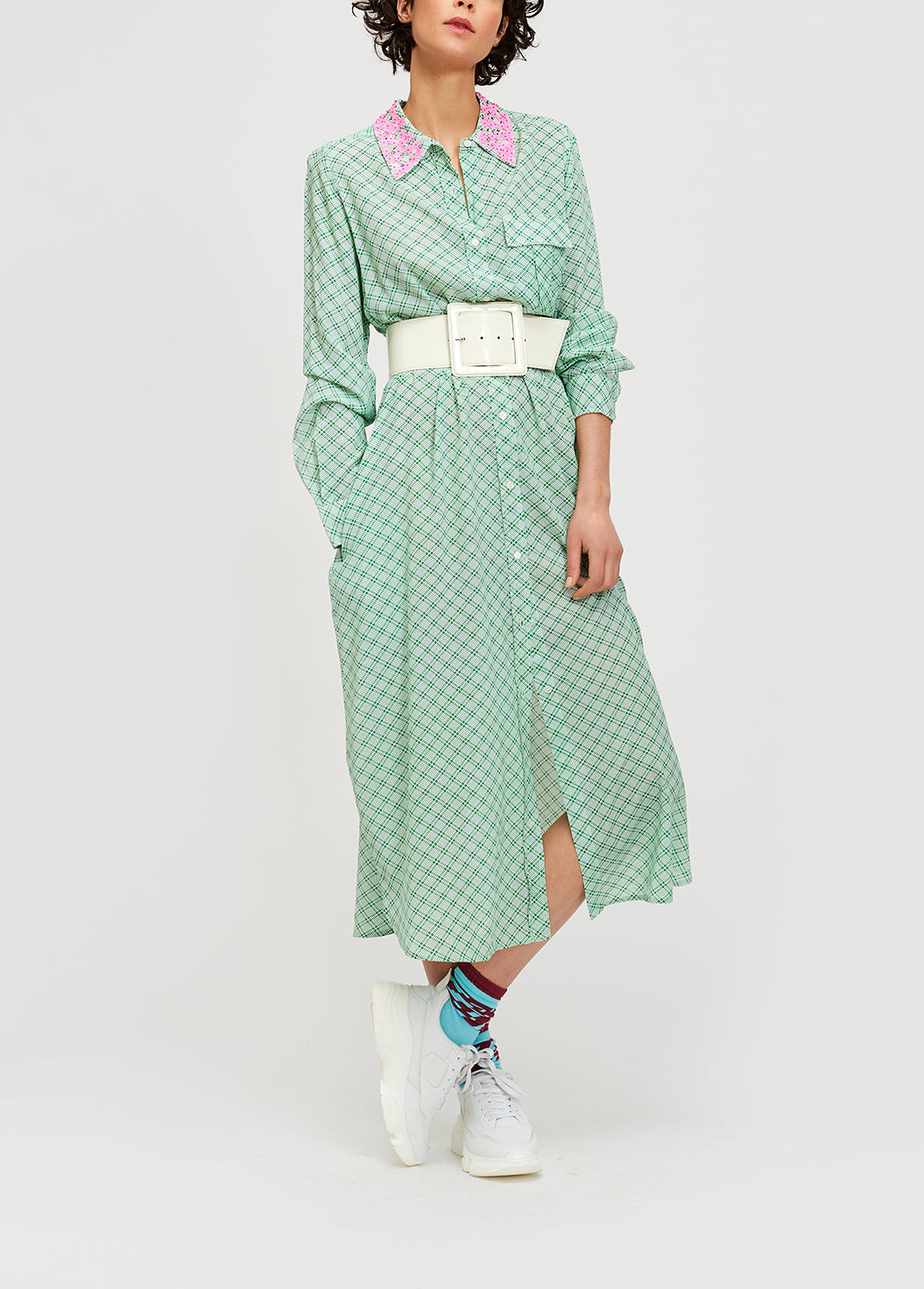 Green and white large check shirt dress with sequined collar RE—SSENTIEL | Essentiel second hand