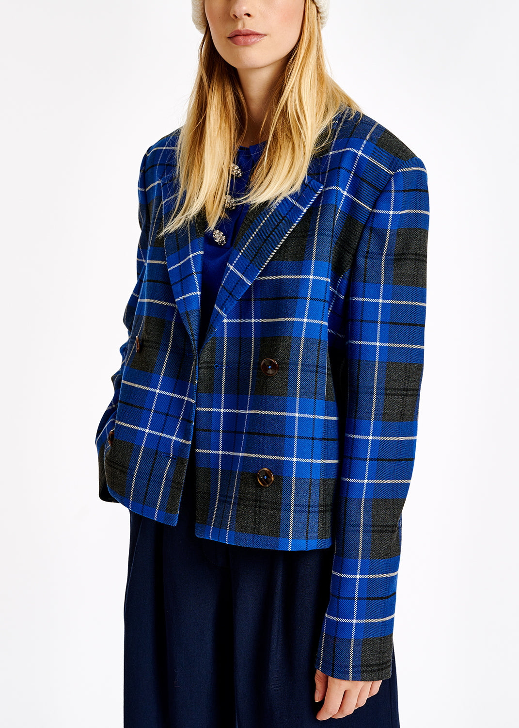 Blue check cropped-fit blazer RE—SSENTIEL | Essentiel second hand