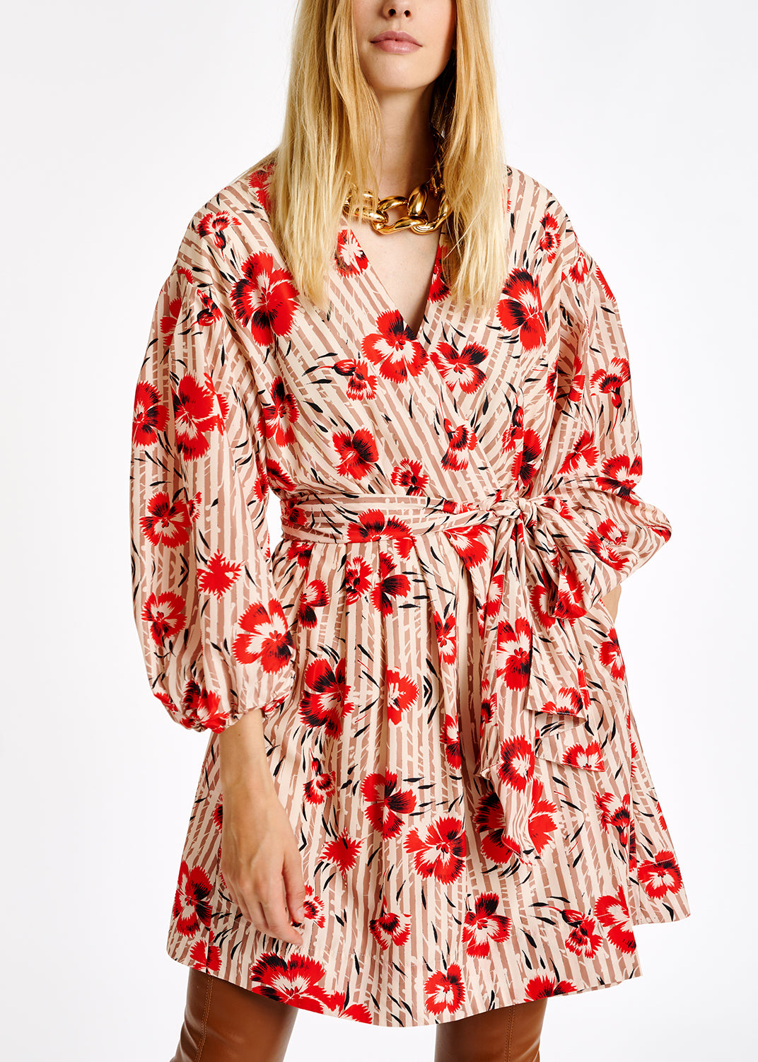Red and brown floral print mini-length wrap dress RE—SSENTIEL | Essentiel second hand
