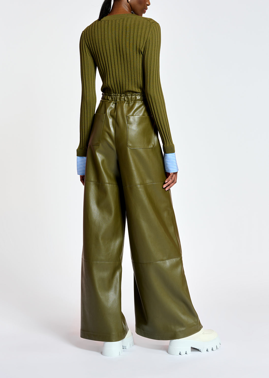 Khaki rib-knitted sweater with striped cuffs RE—SSENTIEL | Essentiel second hand