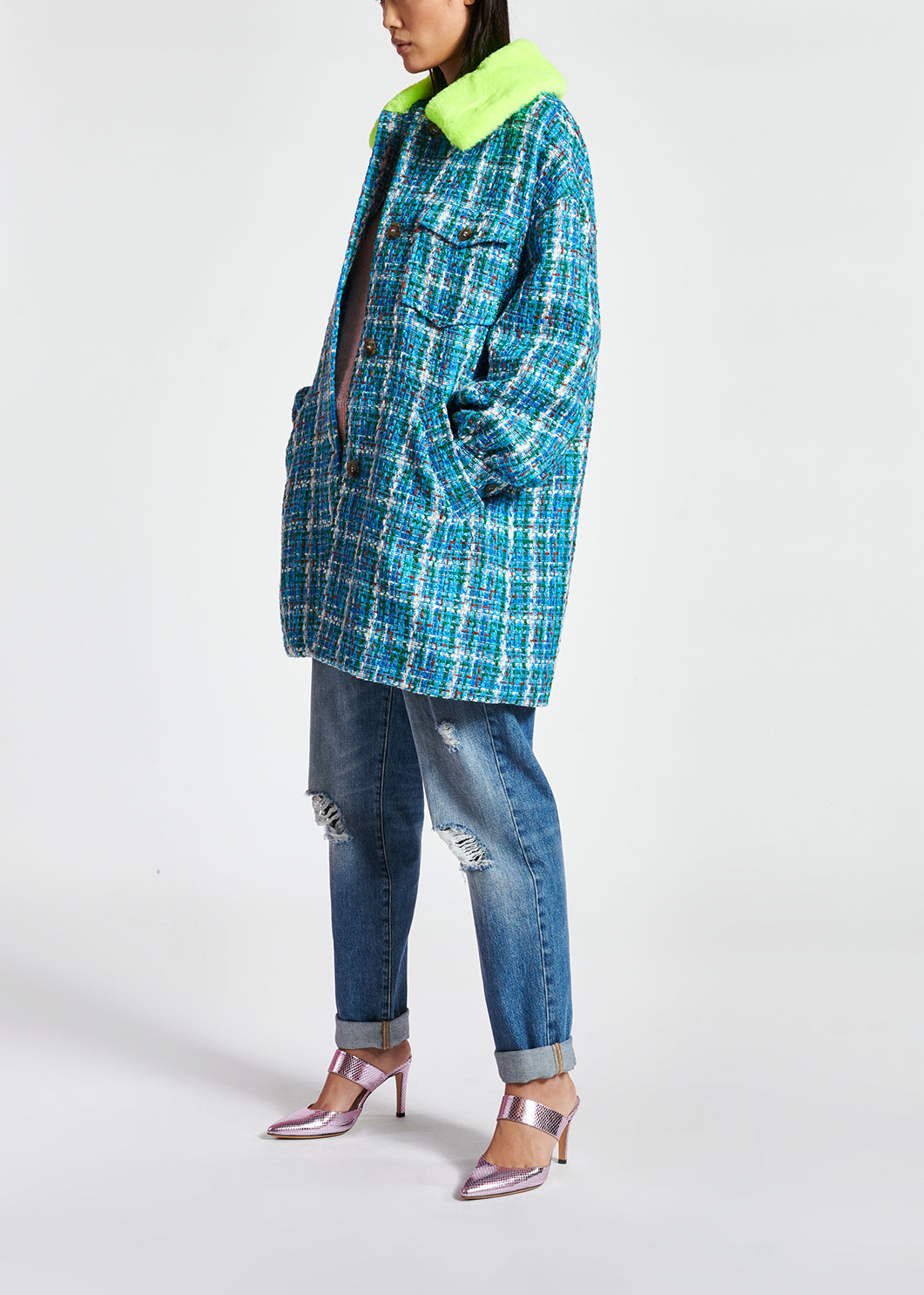 Blue, green and white coat with faux fur collar RE—SSENTIEL | Essentiel second hand