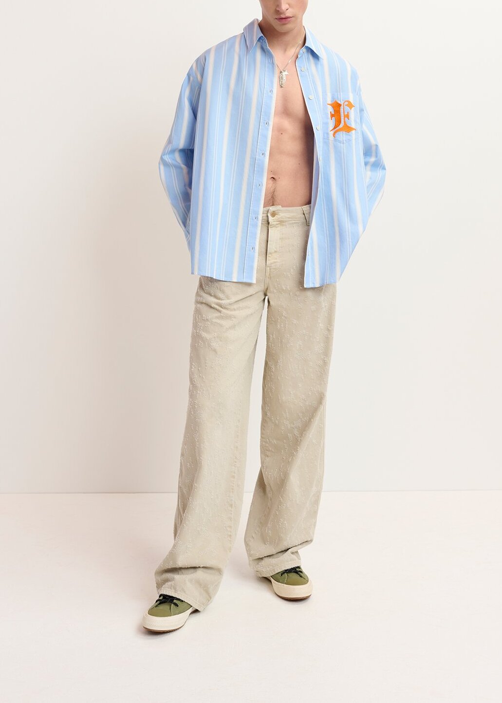 Blue, white and orange striped cotton shirt with 'E' embroidery RE—SSENTIEL | Essentiel second hand