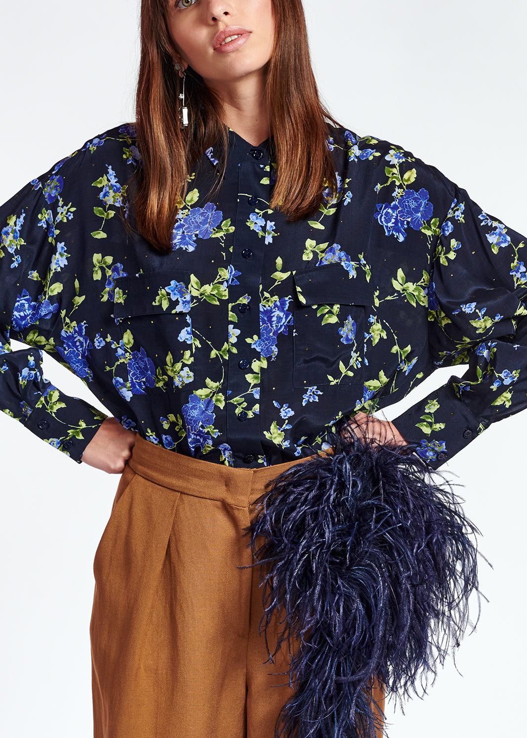 Dark bluefloral print shirt with rhinestones RE—SSENTIEL | Essentiel second hand