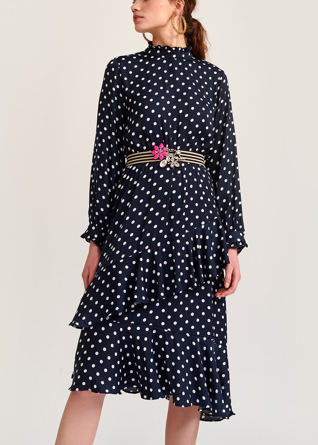 Dark blue polka dot ruffled midi dress RE—SSENTIEL | Essentiel second hand