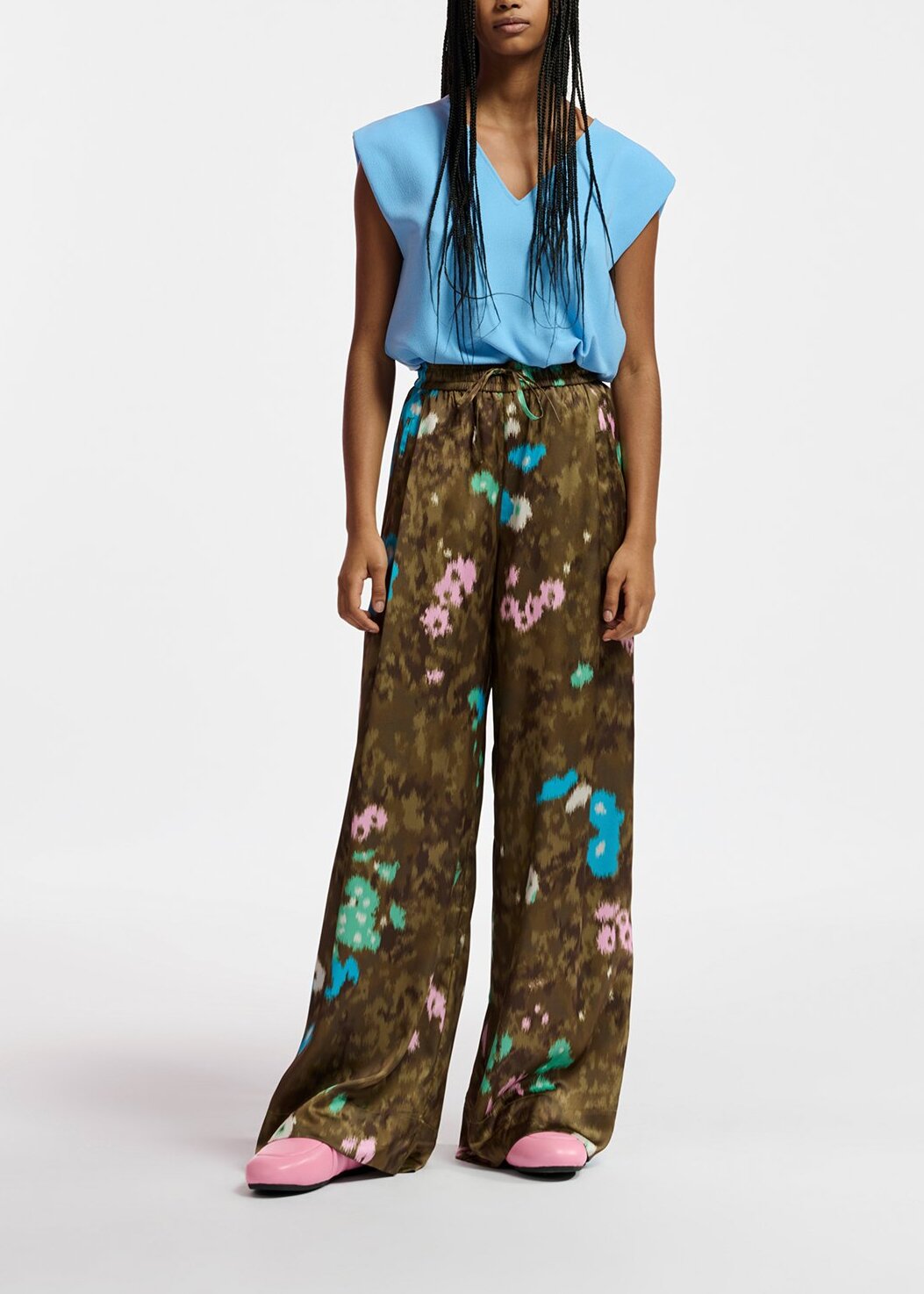 Khaki floral print wide-leg pants RE—SSENTIEL | Essentiel second hand