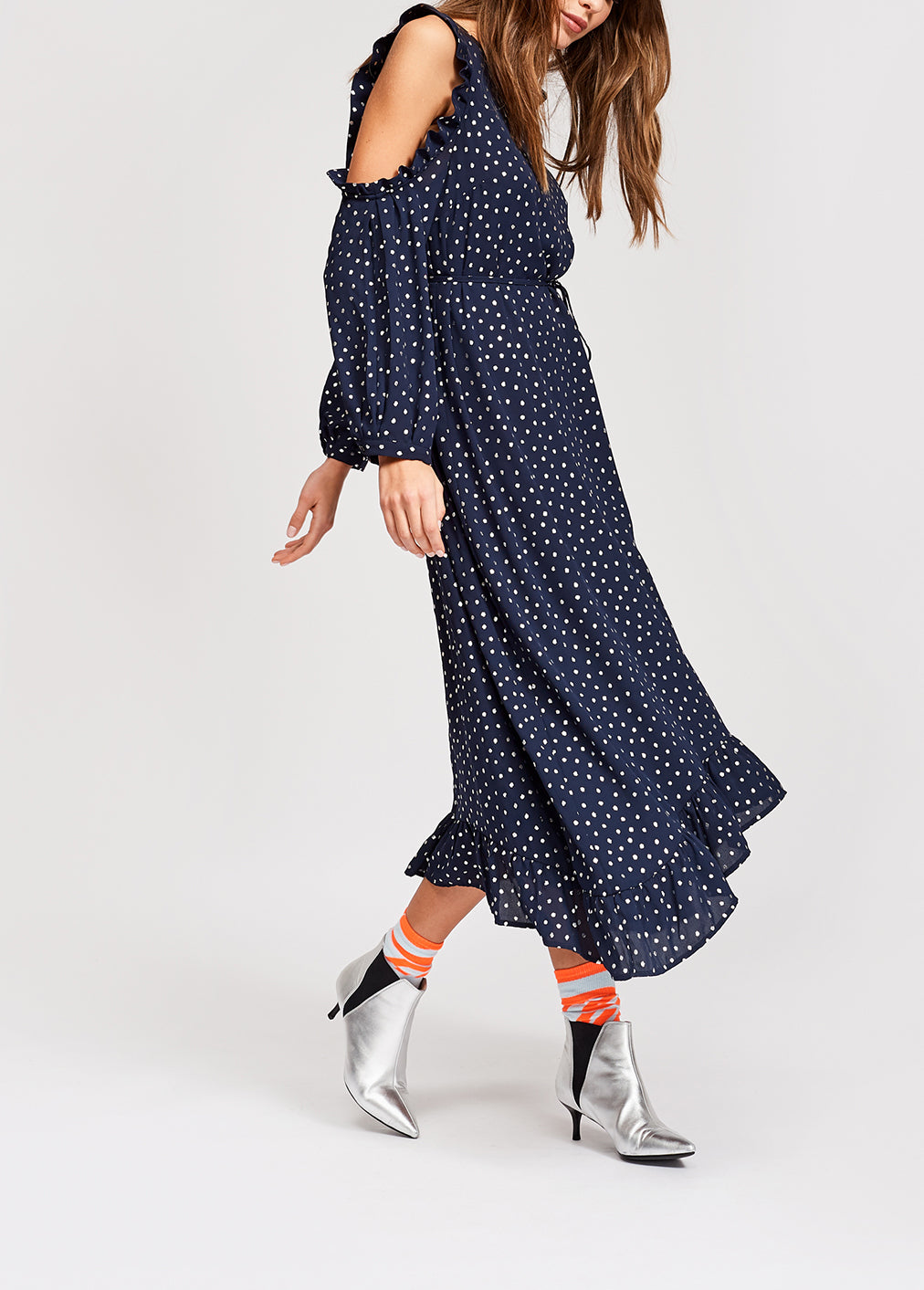 Dark blue open shoulder midi dress with silver polka dots RE—SSENTIEL | Essentiel second hand