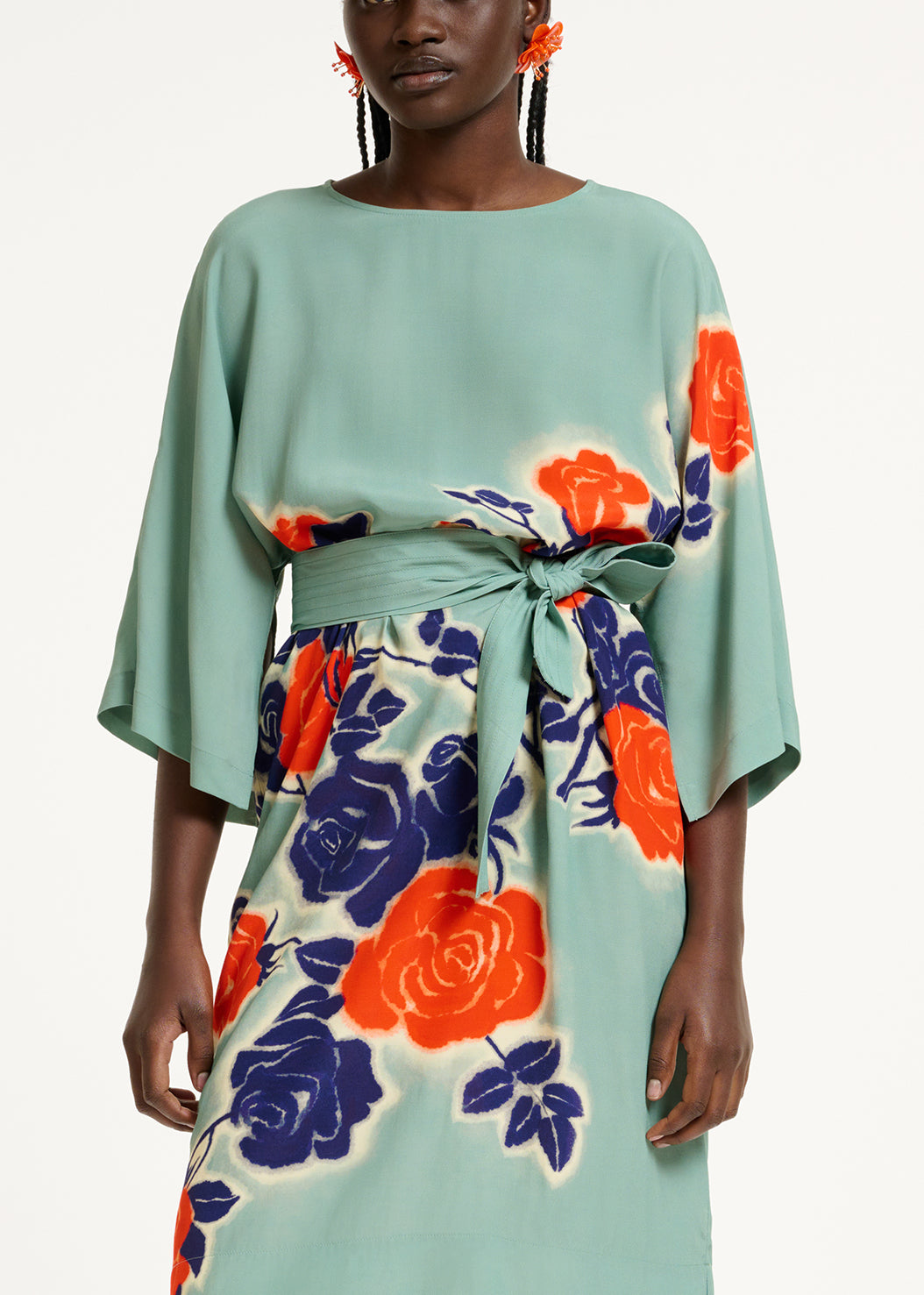 Light blue, orange and blue floral print knee-length dress RE—SSENTIEL | Essentiel second hand