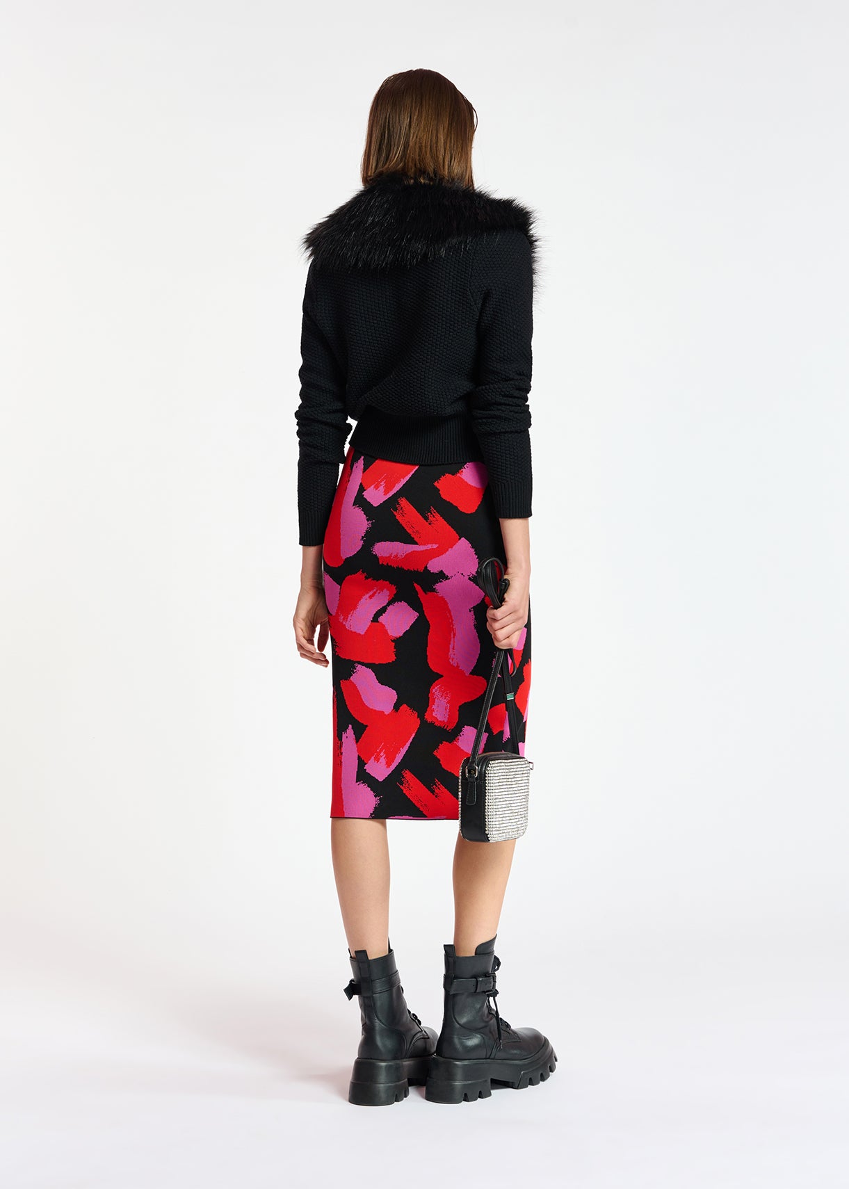Black, red and fuchsia jacquard-knit midi skirt RE—SSENTIEL | Essentiel second hand