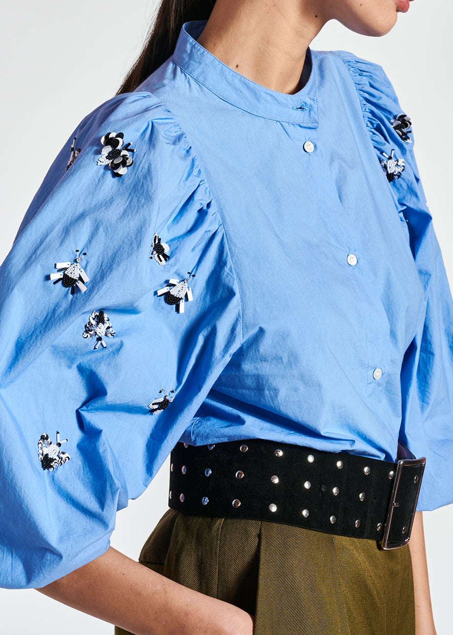 Blue cotton-poplin embroidered puffed-sleeve shirt RE—SSENTIEL | Essentiel second hand