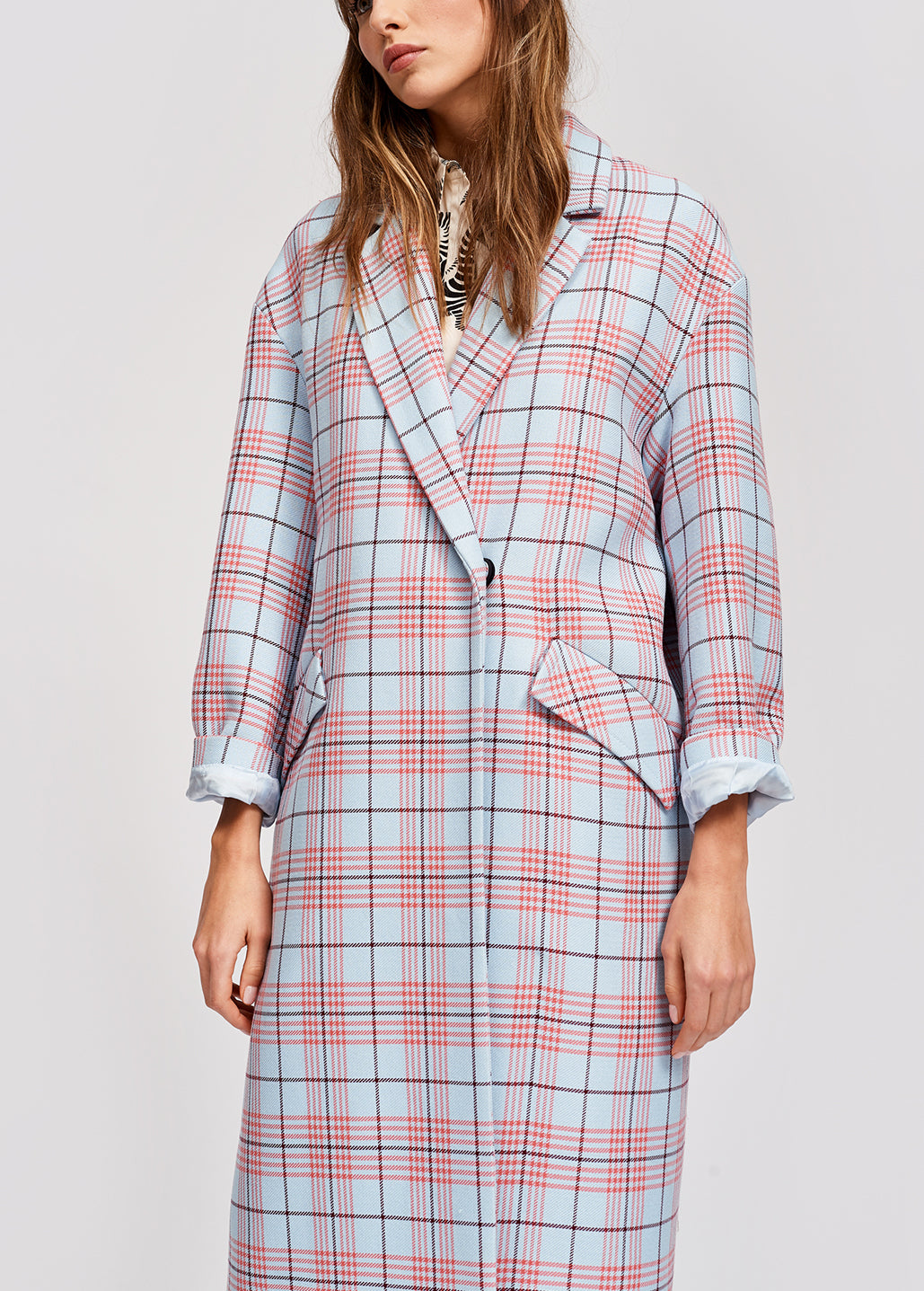Sky blue plaid long coat RE—SSENTIEL | Essentiel second hand