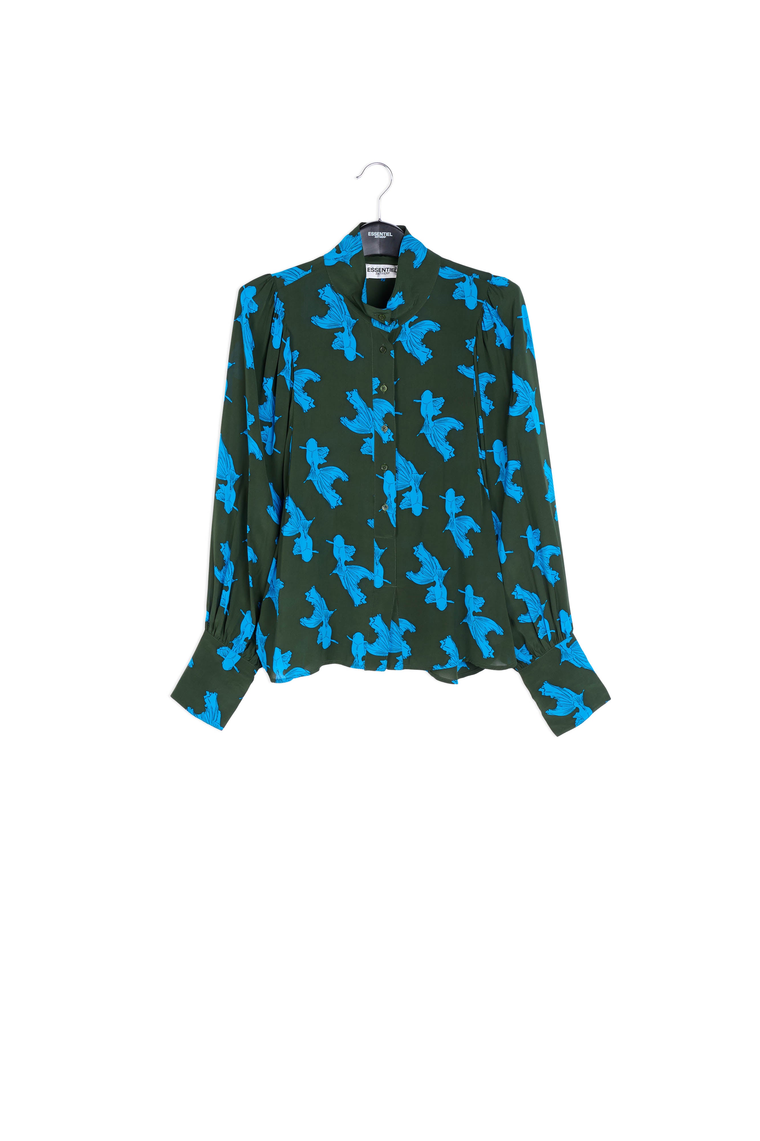 Khaki and turquoise baloon sleeves print shirt RE—SSENTIEL | Essentiel second hand