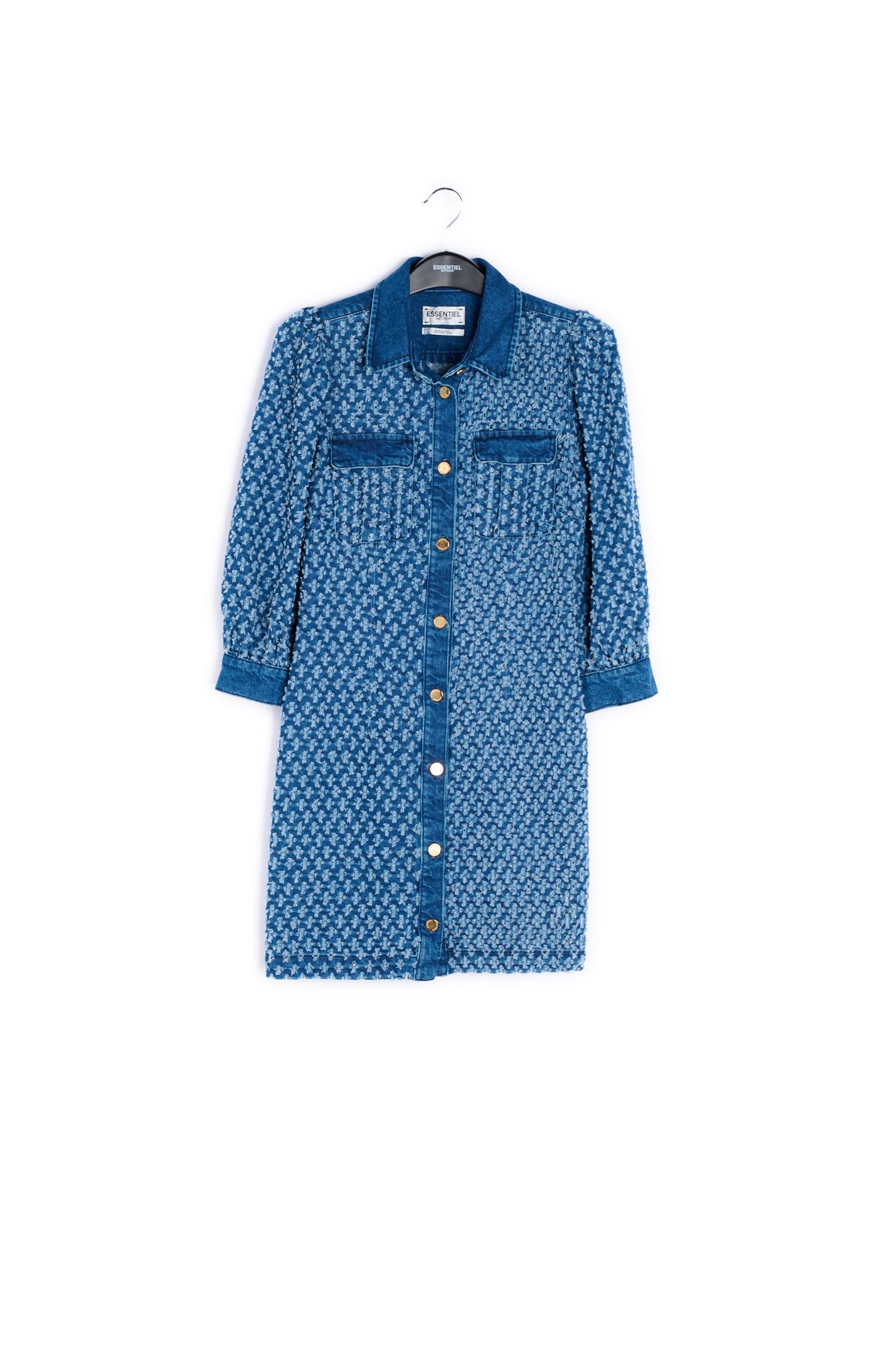 Dark blue perforated denim puffed sleeves mini dress RE—SSENTIEL | Essentiel second hand