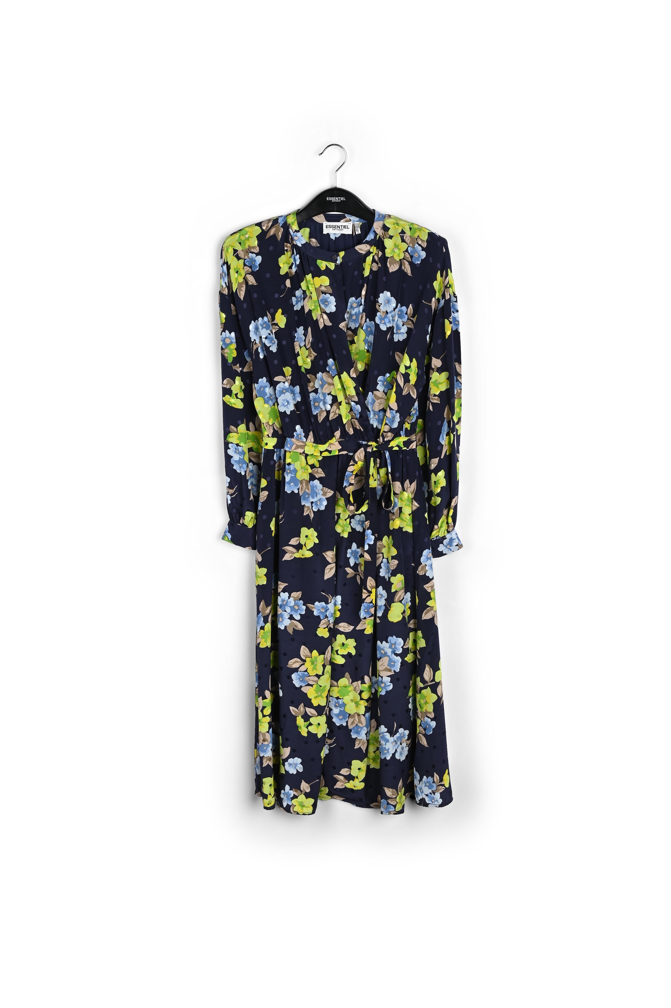 Robe chemise bleu foncé en soie à fleurs et à pois RE—SSENTIEL | Essentiel second hand