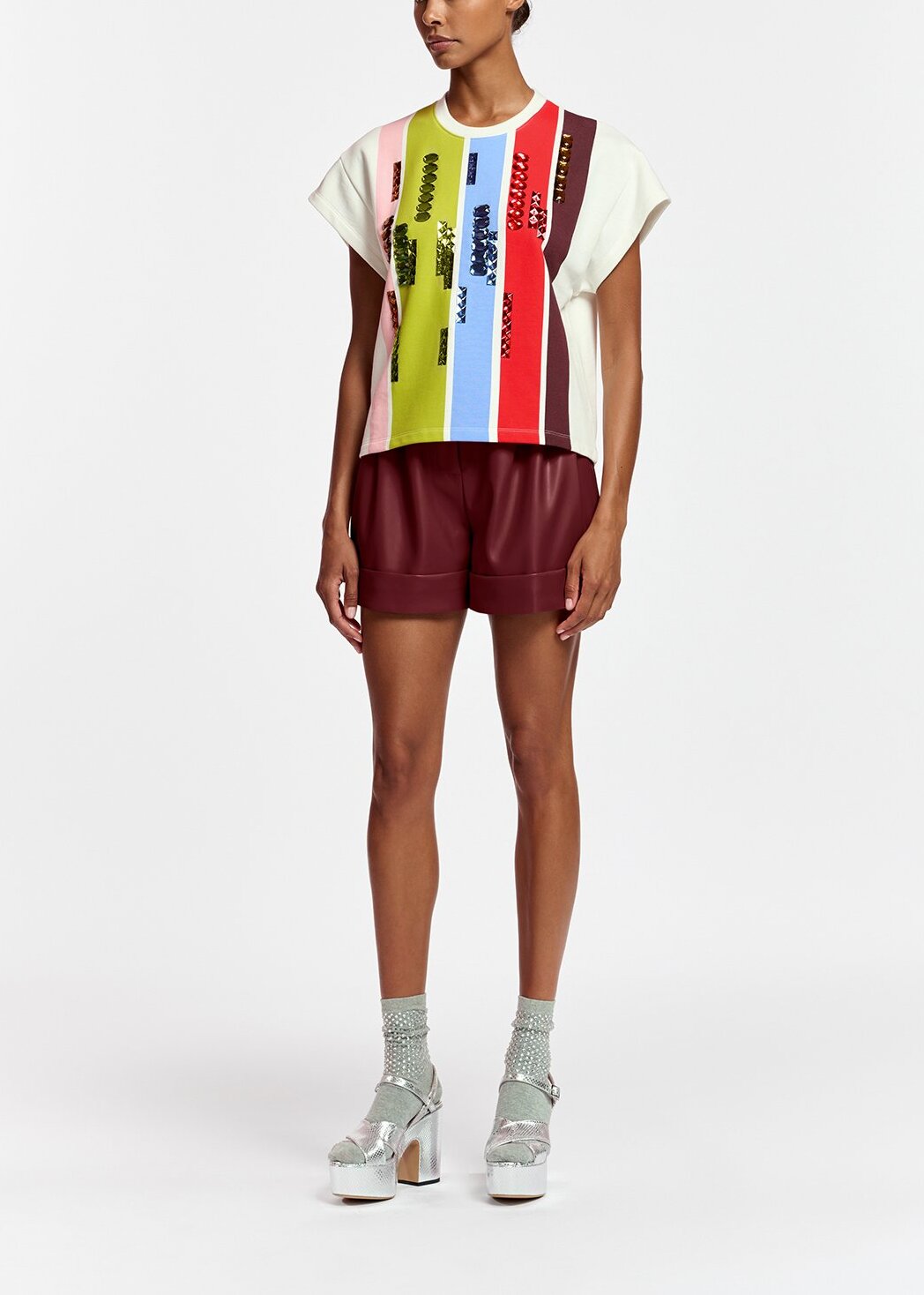 Multicolor striped short-sleeved sweatshirt with rhinestone embellishments RE—SSENTIEL | Essentiel second hand