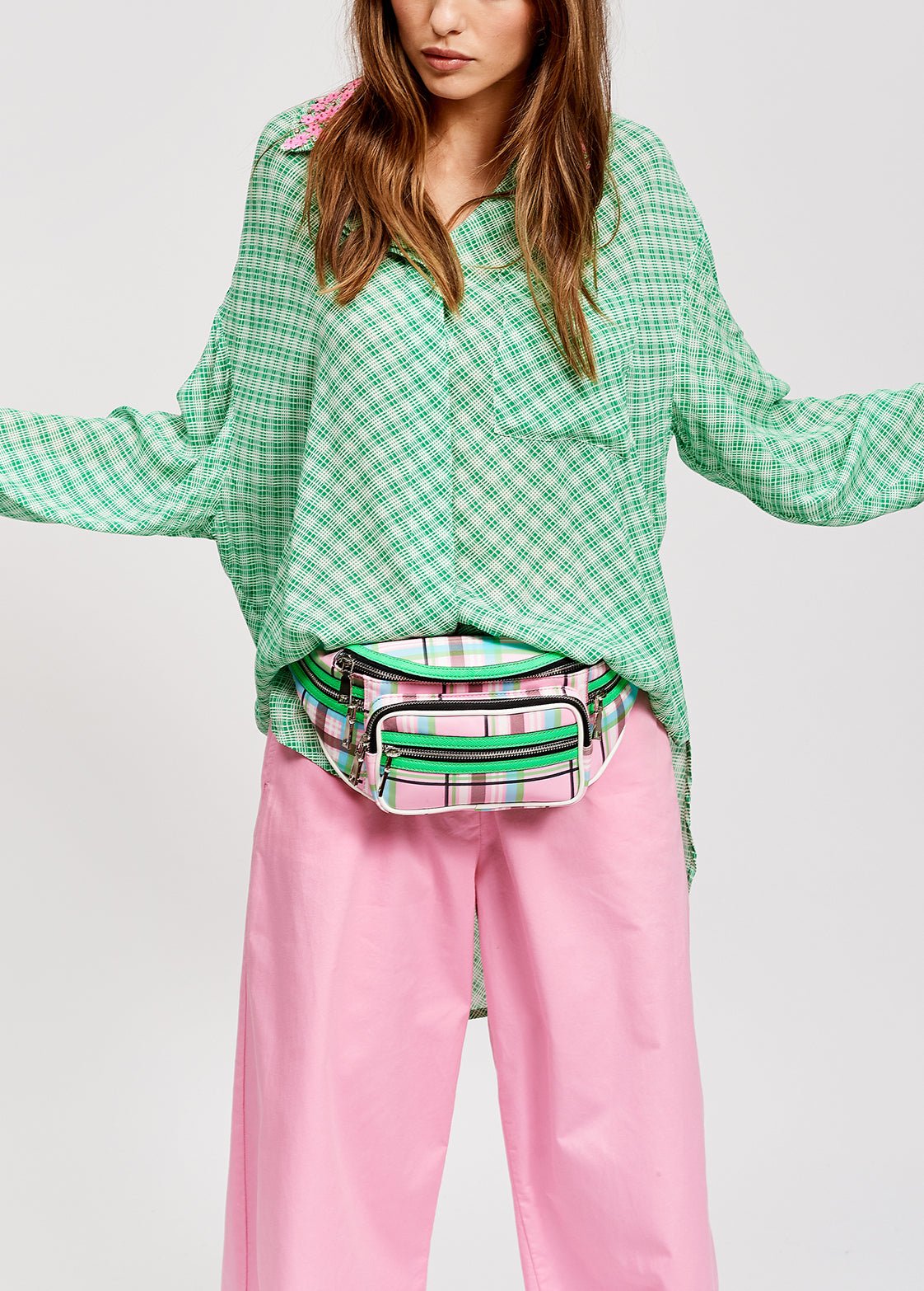 Green and white large check oversized shirt with sequined collar RE—SSENTIEL | Essentiel second hand