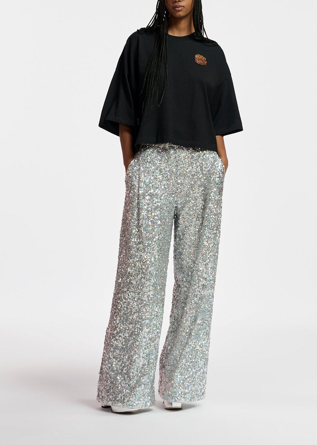 Black organic cotton T-shirt with hamburger embroidery RE—SSENTIEL | Essentiel second hand