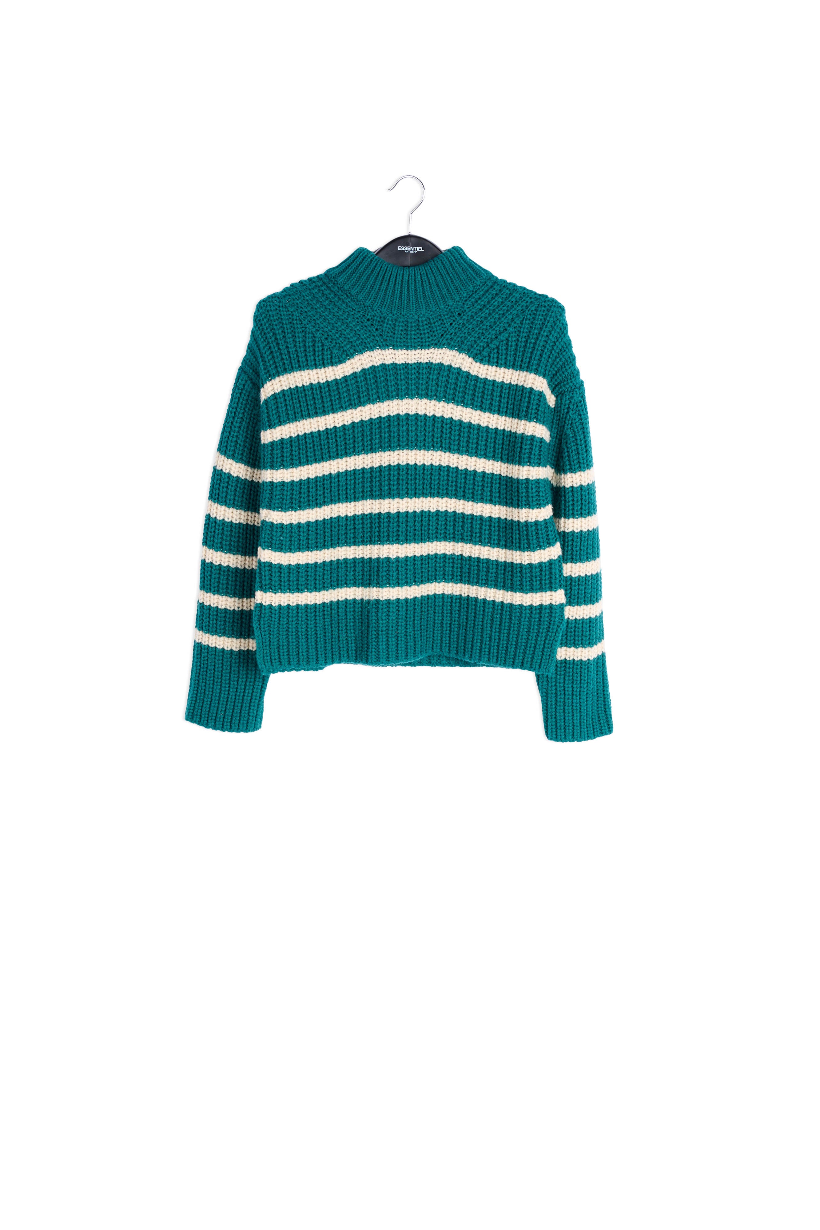 Bottle green and off-white striped ribbed-knit sweater RE—SSENTIEL | Essentiel second hand