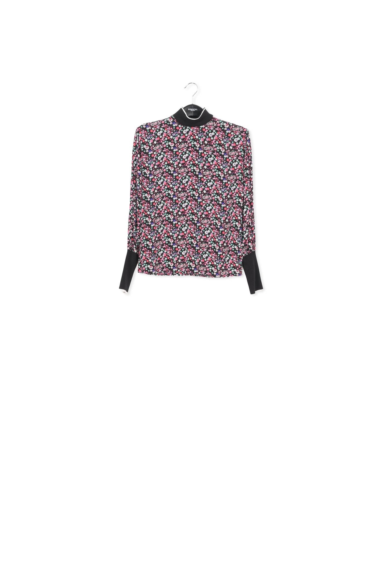 Black floral-print top with contrasting trims RE—SSENTIEL | Essentiel second hand