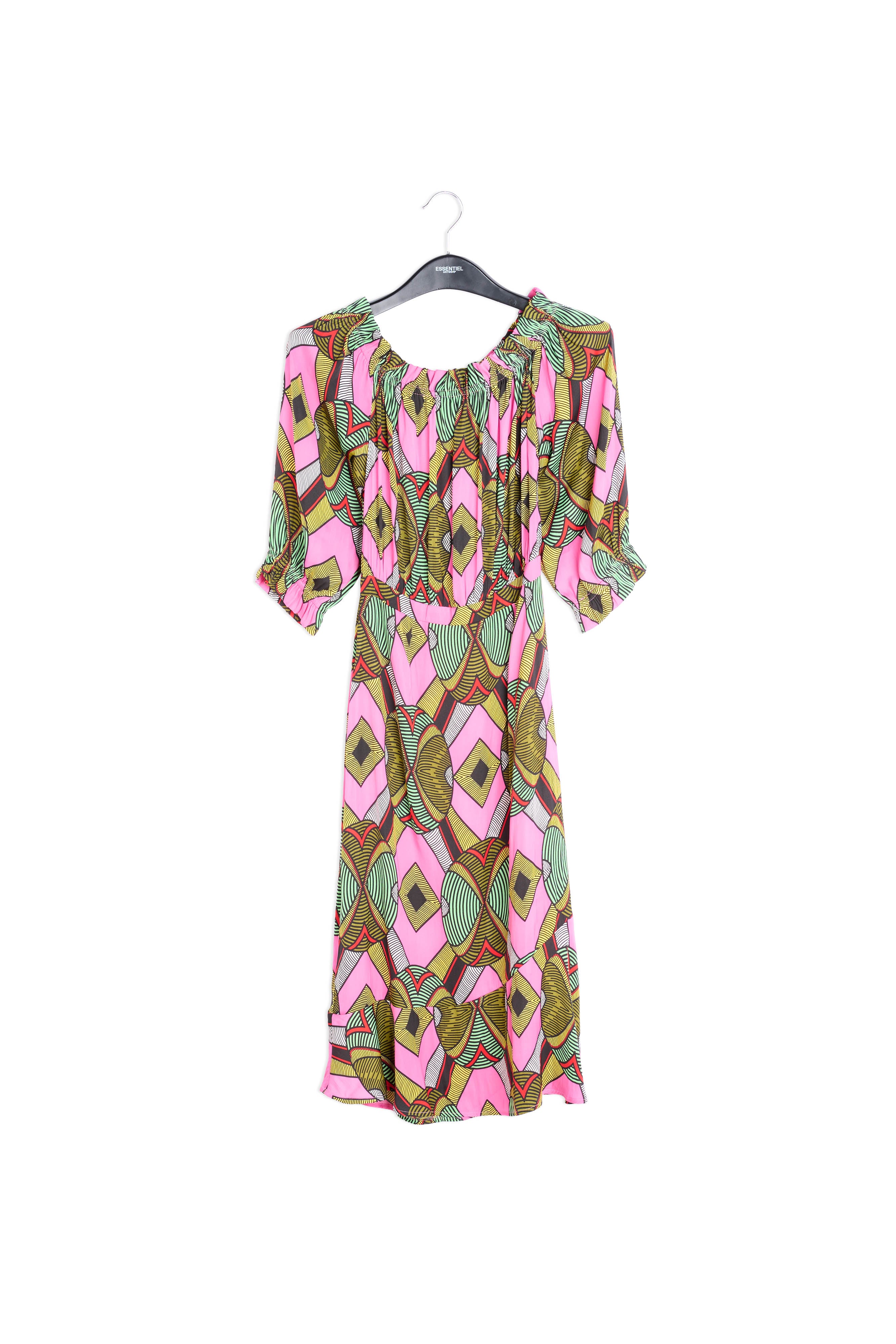 Kleurrijke grafische jurk met blote schouders RE—SSENTIEL | Essentiel second hand