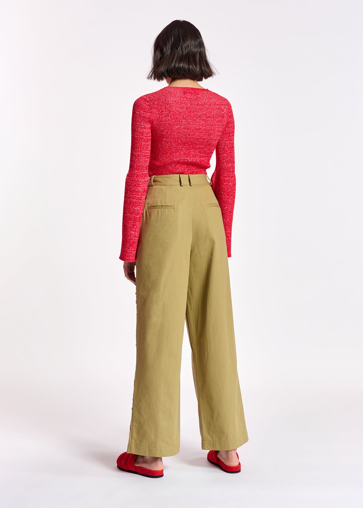 Khaki cotton wide-leg pants with bead embroidery RE—SSENTIEL | Essentiel second hand