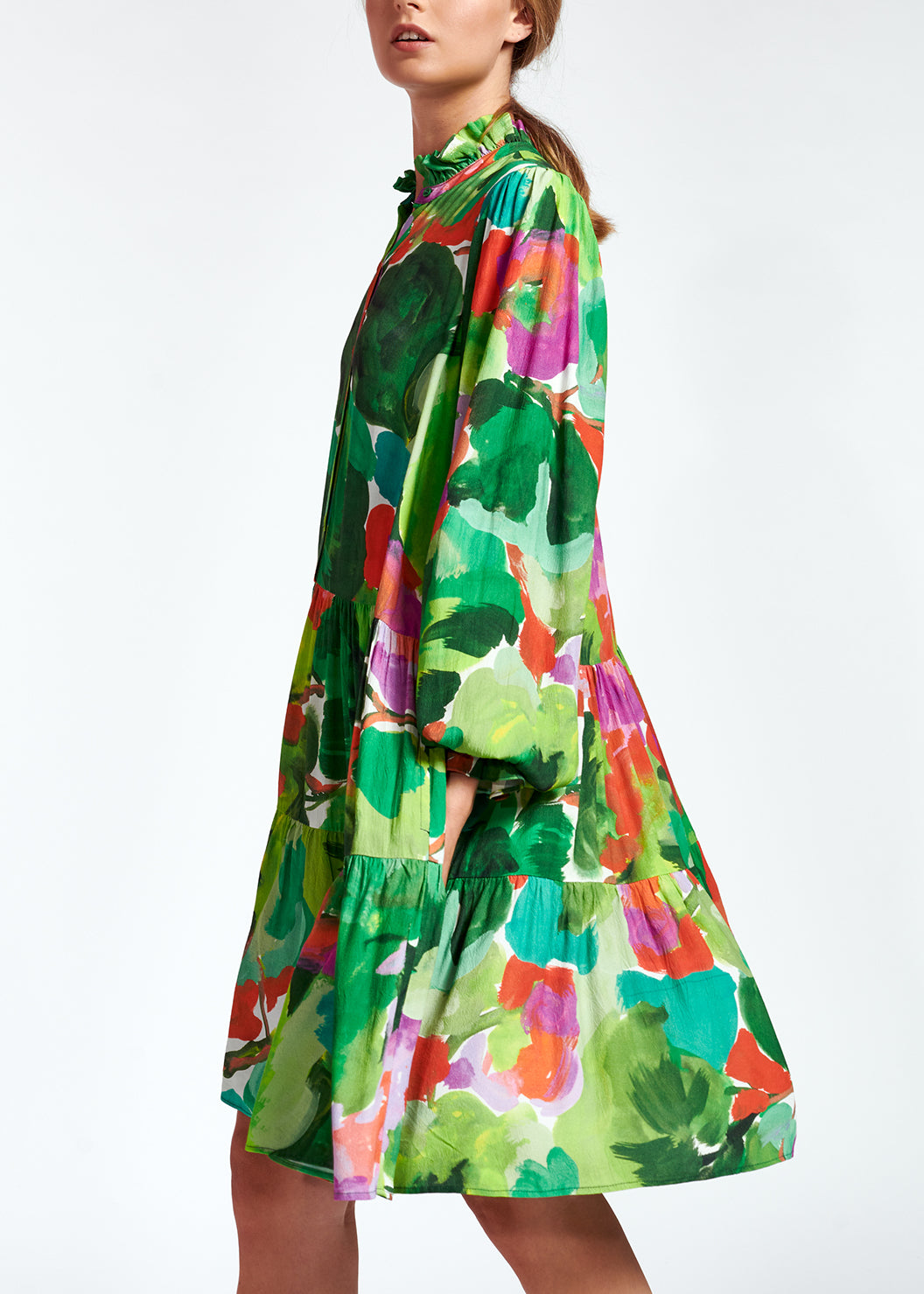 Mini robe trapèze à  imprimé aquarelle vert, rouge et pourpre RE—SSENTIEL | Essentiel second hand