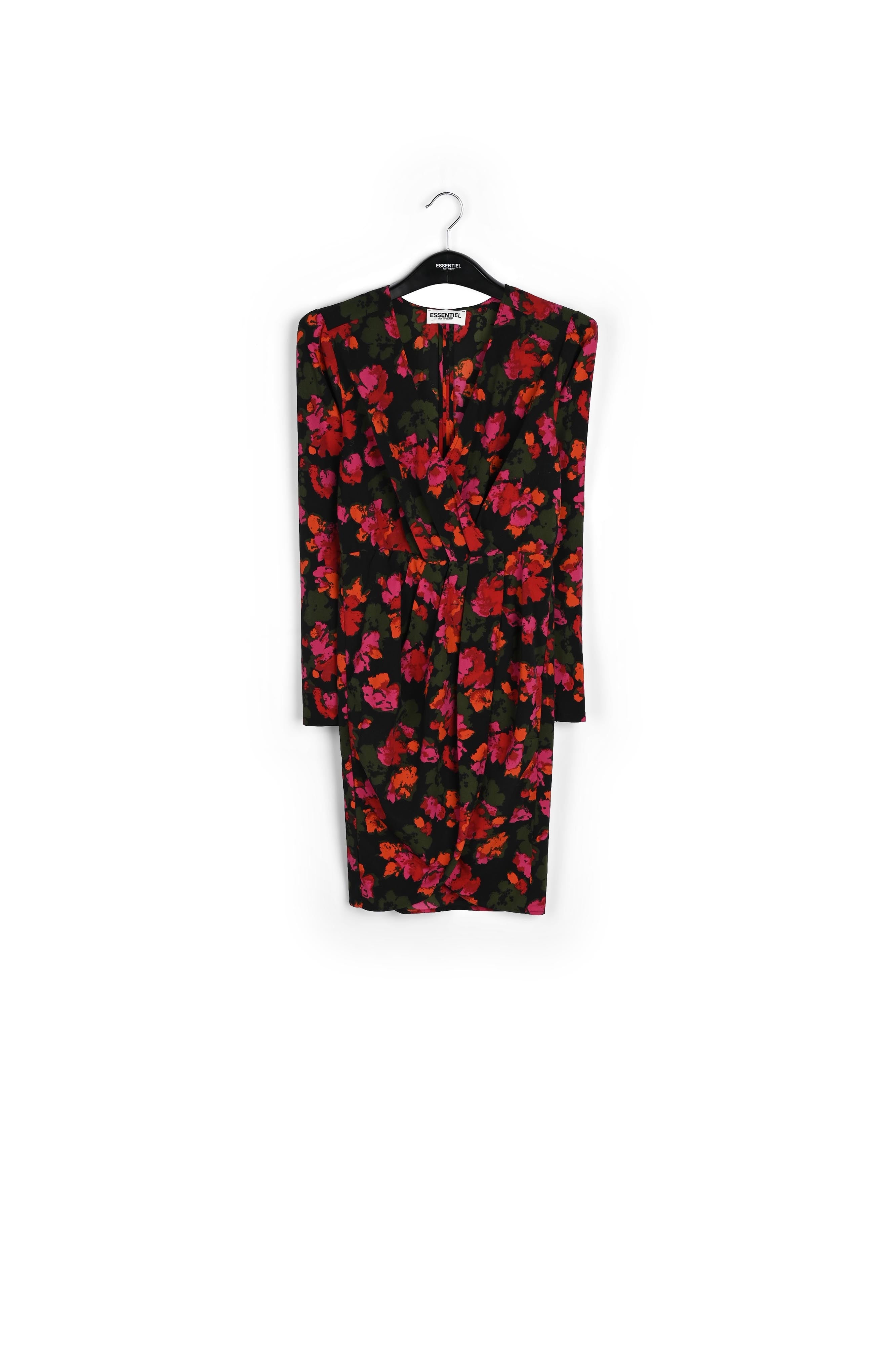 Zwarte en blauwe midi-jurk met wikkeleffect RE—SSENTIEL | Essentiel second hand