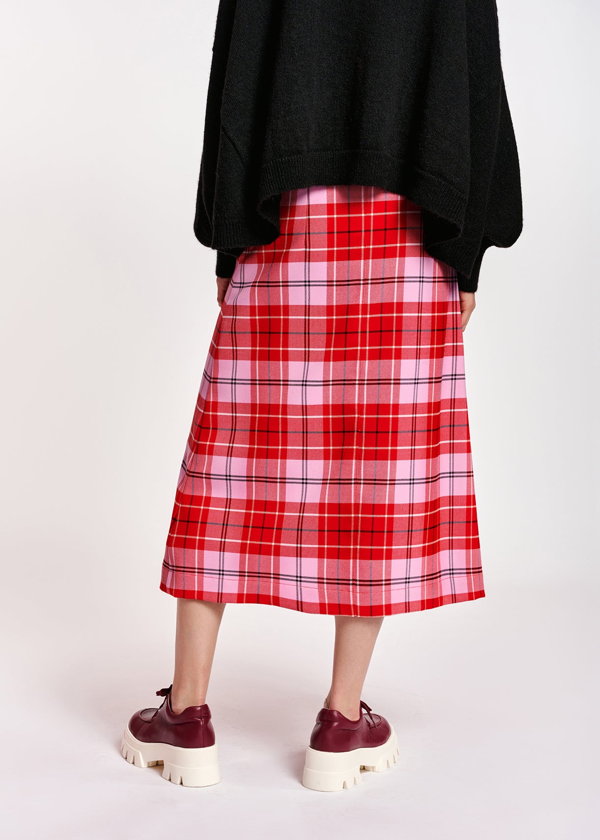 Jupe midi à carreaux rouge et rose RE—SSENTIEL | Essentiel second hand