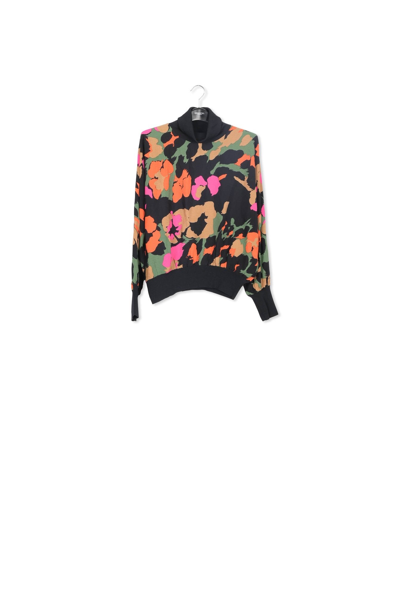 Black abstract-print top with rib-knitted trims RE—SSENTIEL | Essentiel second hand