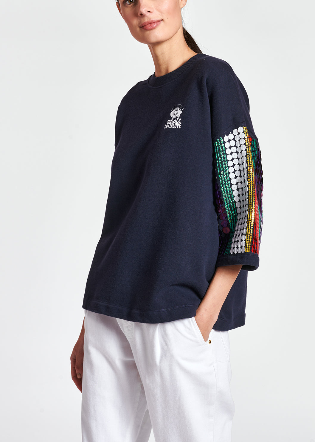 Sweatshirt bleu foncé en coton bio à paillettes RE—SSENTIEL | Essentiel second hand