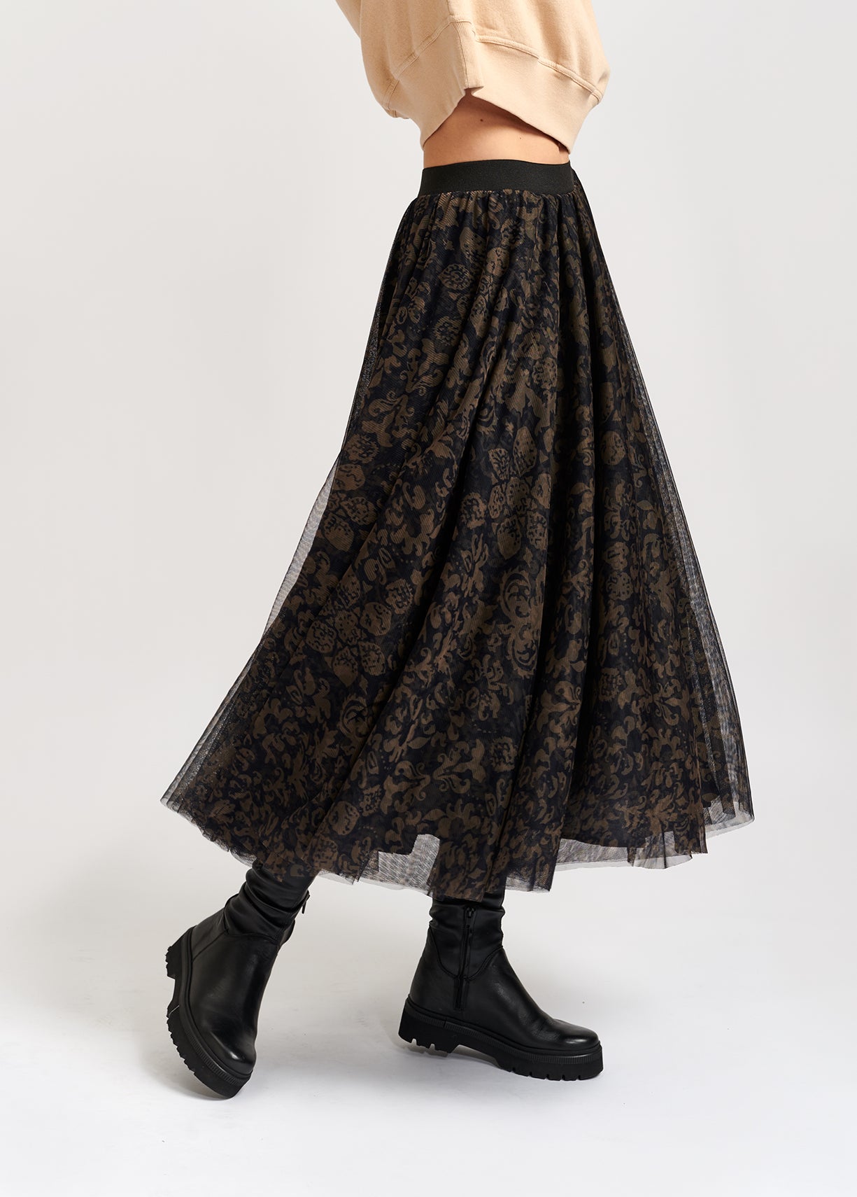 Tulen midirok met zwart-kakigroene brokaatprint RE—SSENTIEL | Essentiel second hand