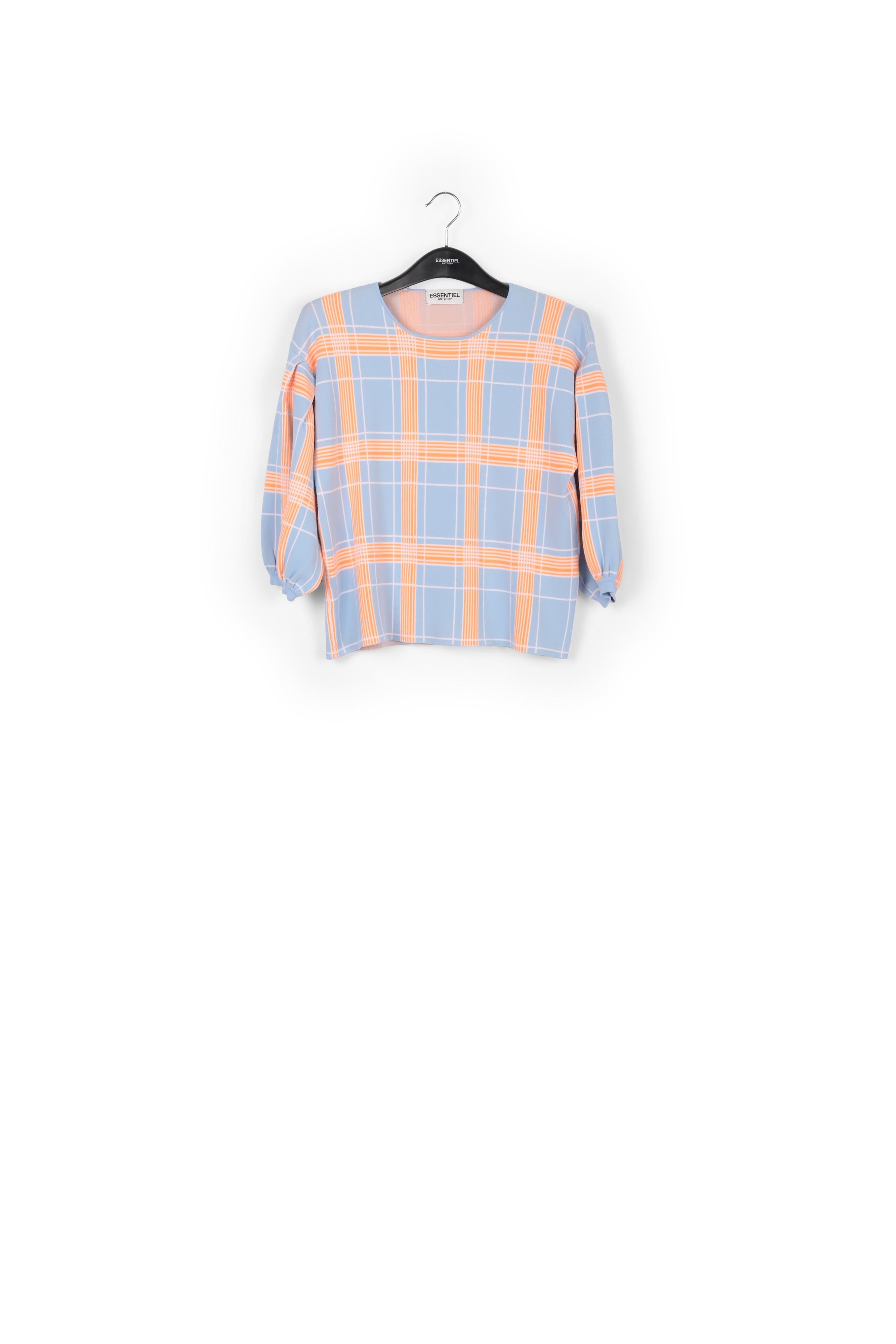 Light blue puffed sleeve knitted top with check motif RE—SSENTIEL | Essentiel second hand