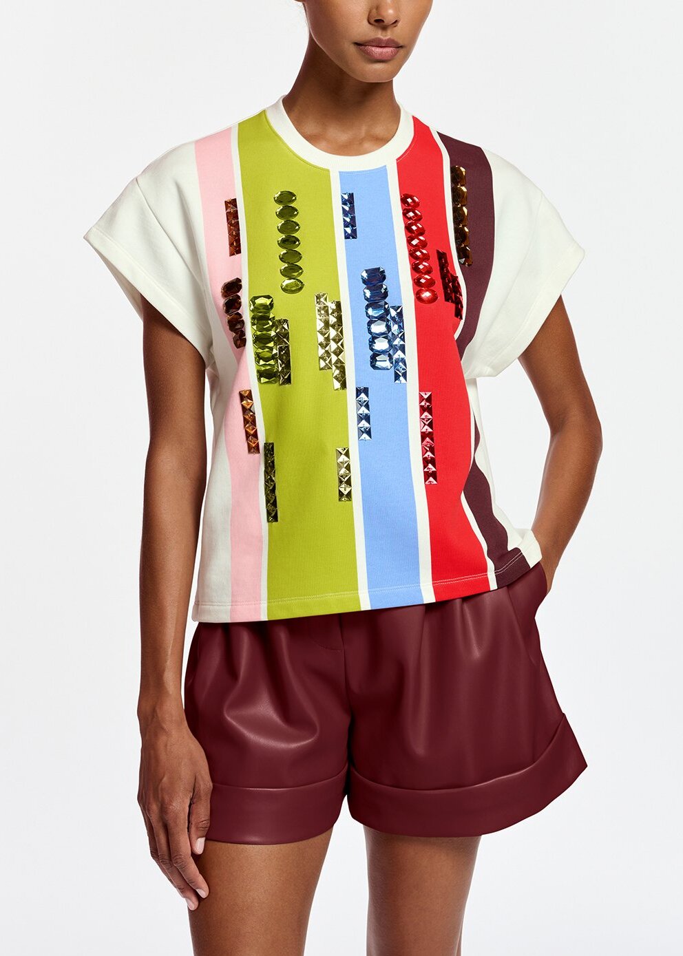 Multicolor striped short-sleeved sweatshirt with rhinestone embellishments RE—SSENTIEL | Essentiel second hand