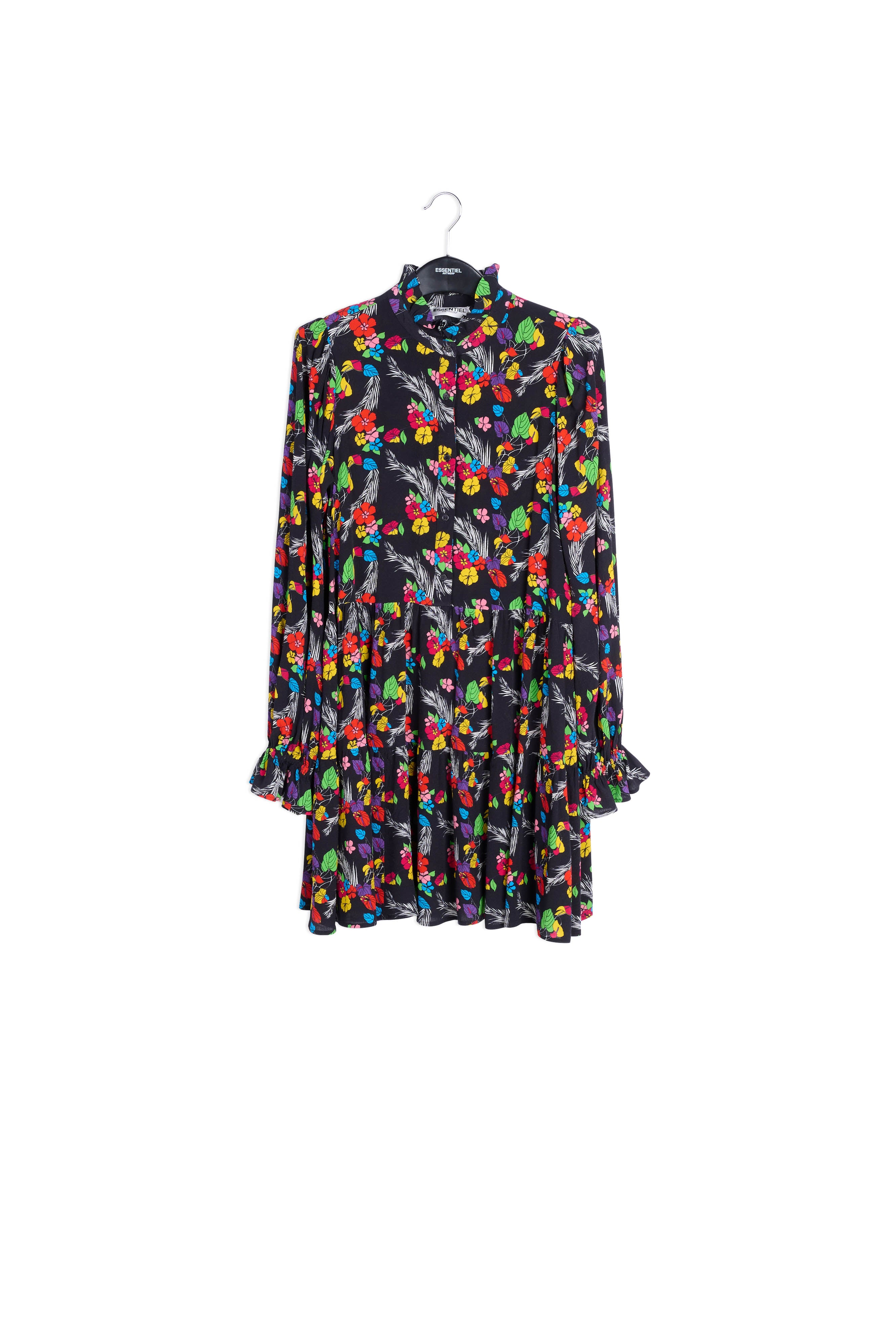 Zwarte mini-jurk met tropische print RE—SSENTIEL | Essentiel second hand