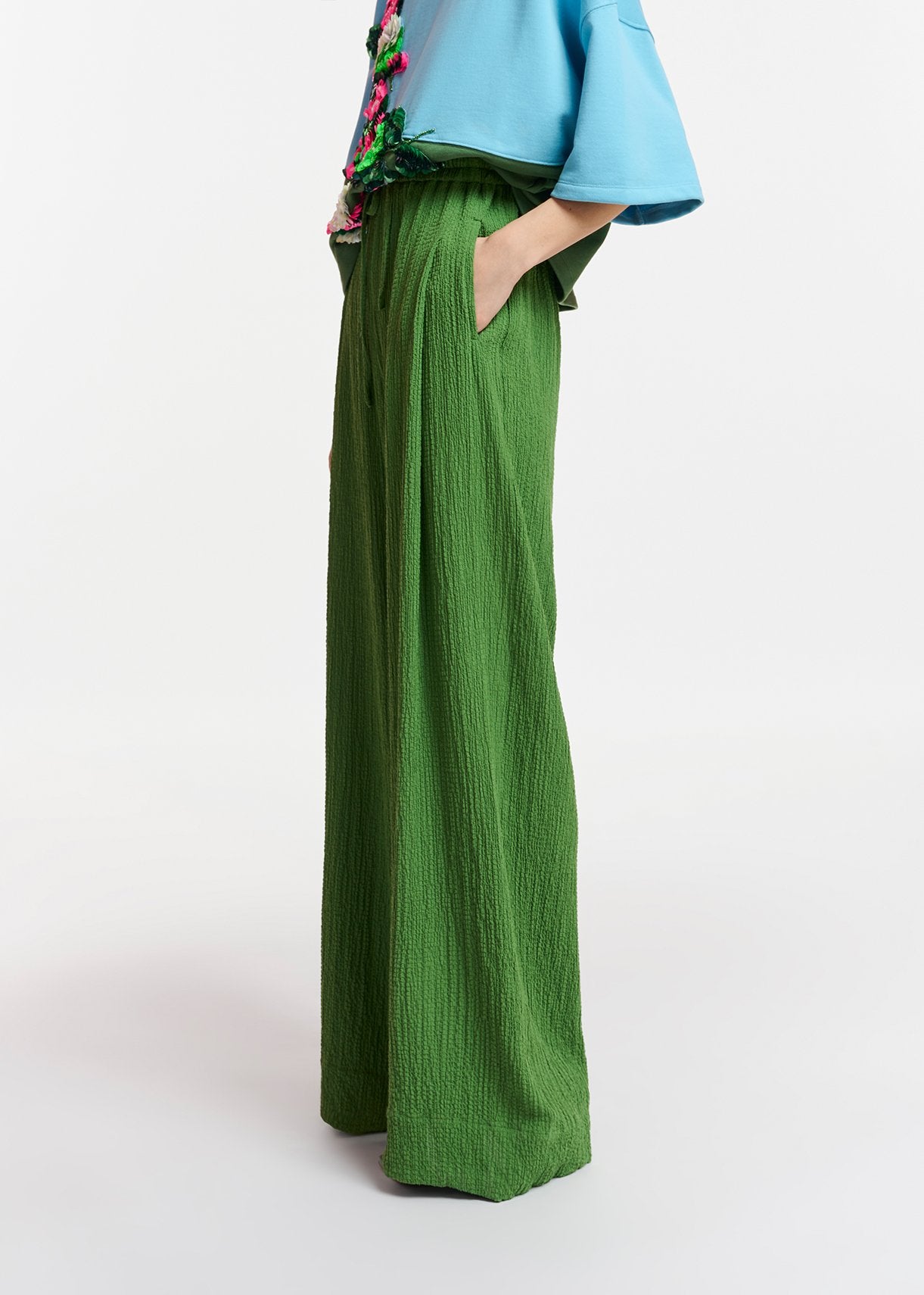 Dark green wide-leg seersucker pants RE—SSENTIEL | Essentiel second hand