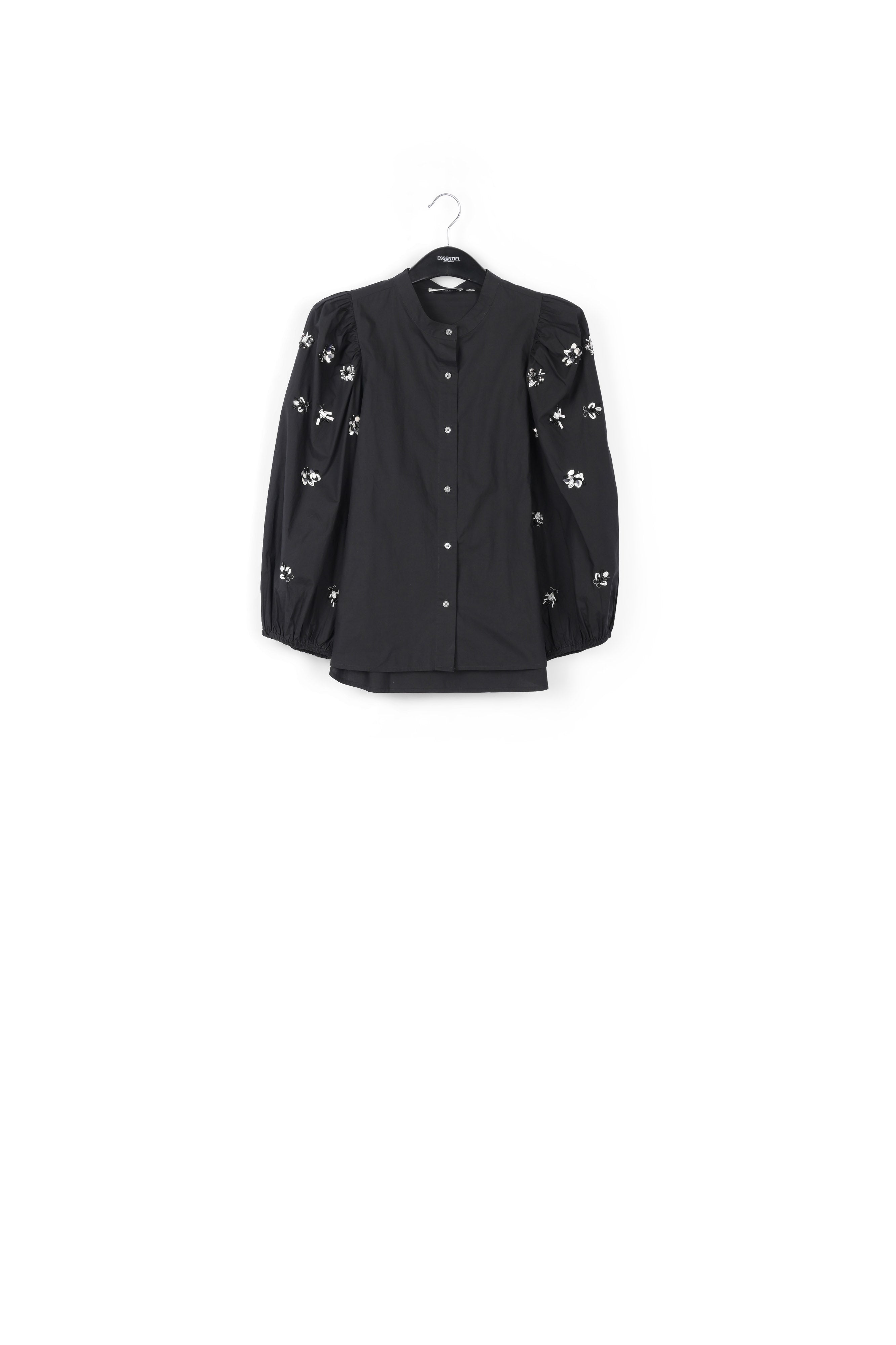 Black cotton-poplin embroidered puffed-sleeve shirt RE—SSENTIEL | Essentiel second hand