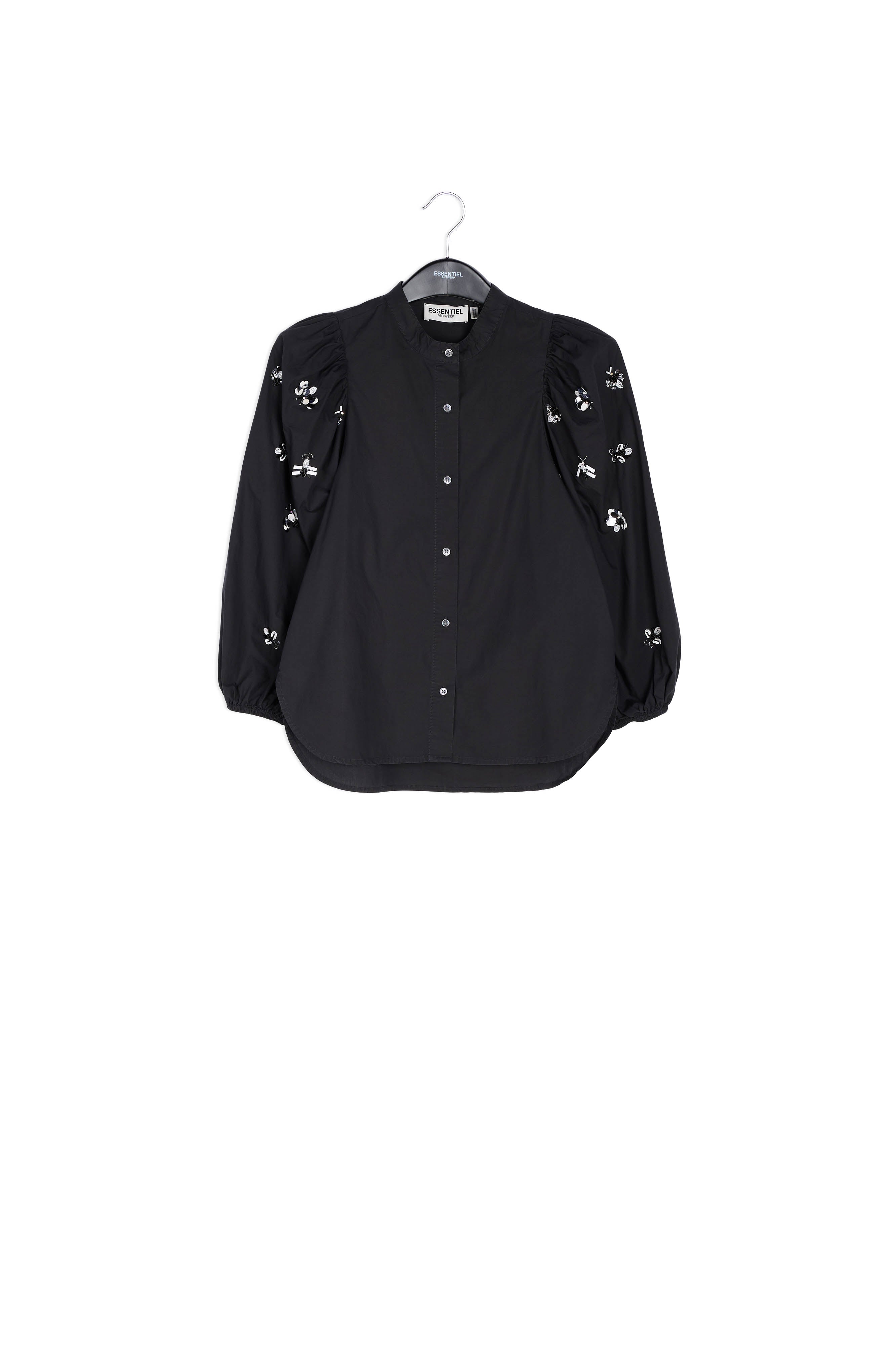Black cotton-poplin embroidered puffed-sleeve shirt RE—SSENTIEL | Essentiel second hand