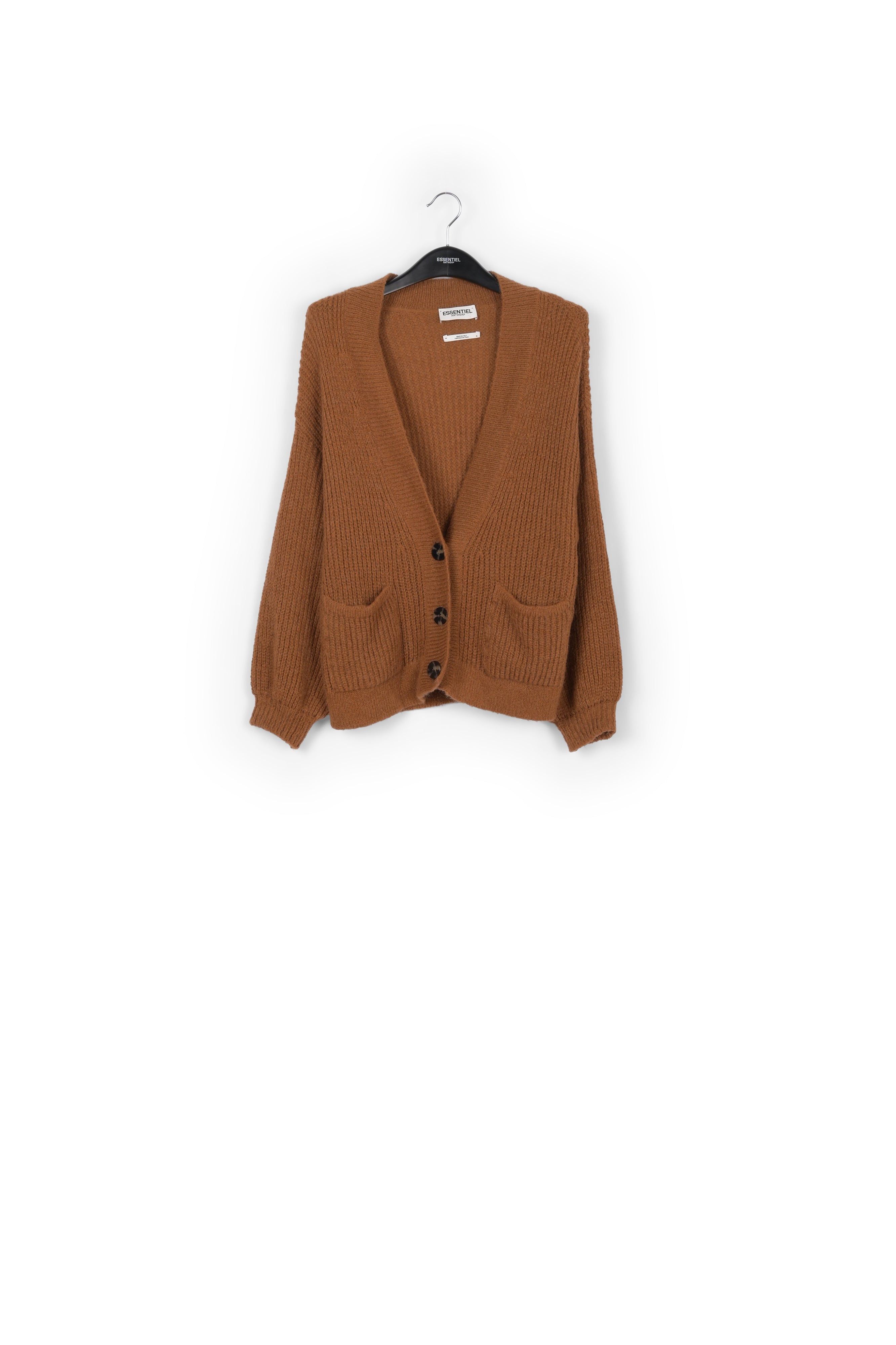 Cardigan camel à col en v en maille côtelée RE—SSENTIEL | Essentiel second hand