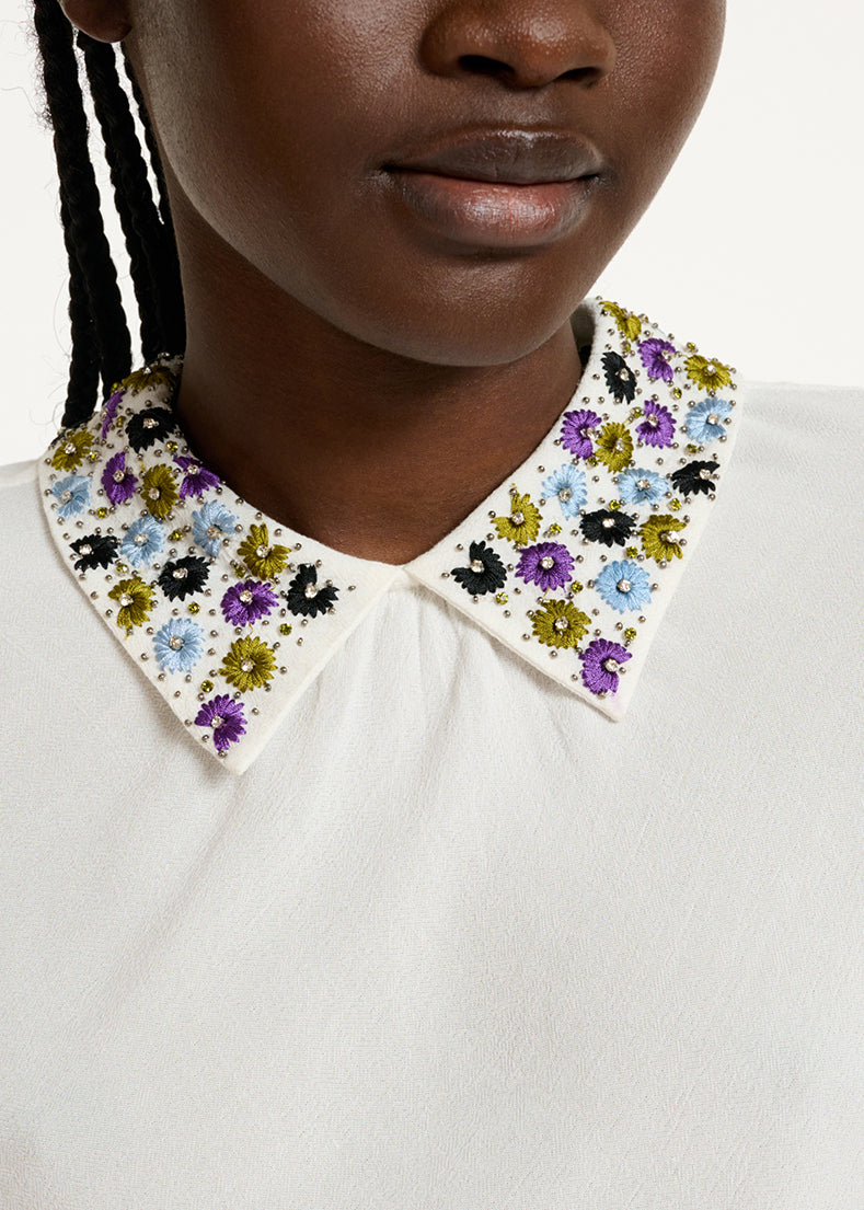 White short-sleeved top with rhinestone-embellished collar RE—SSENTIEL | Essentiel second hand