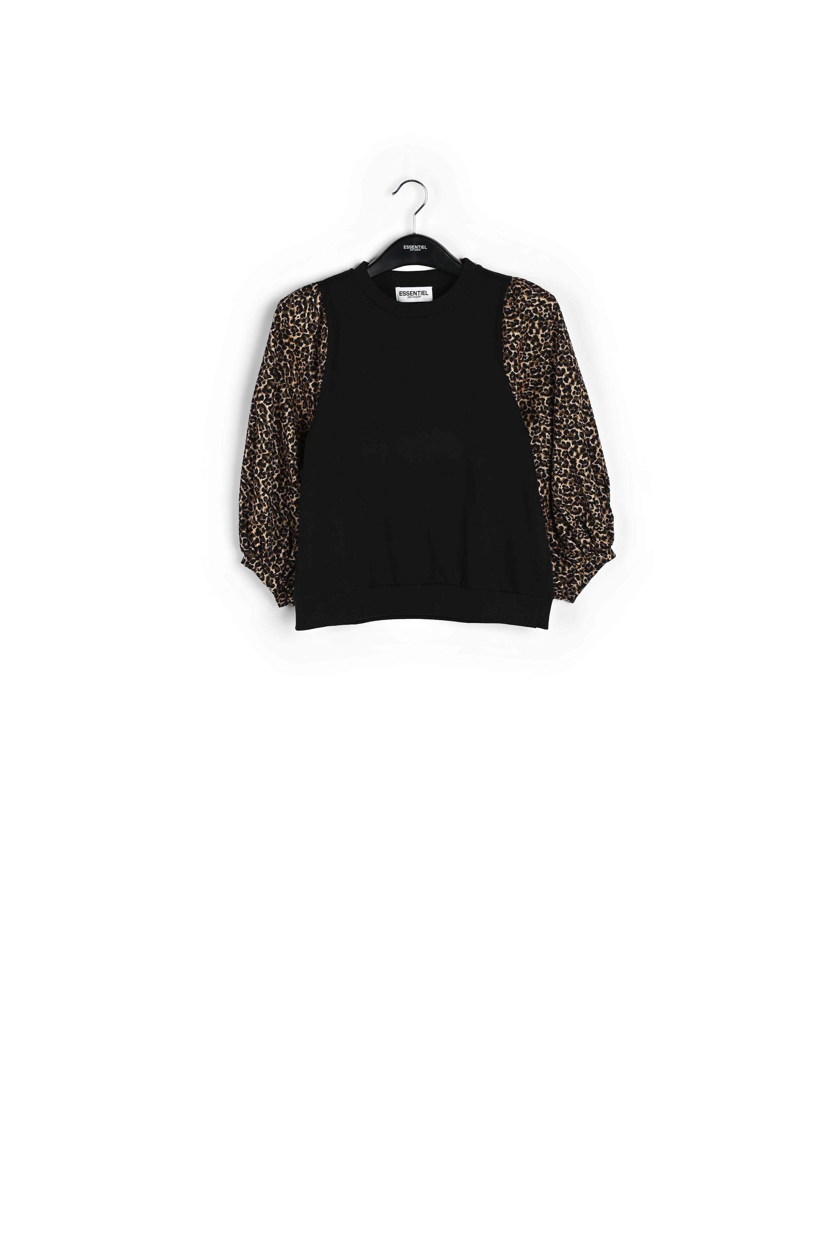 Black cotton-jersey sweatshirt with leopard-jacquard sleeves RE—SSENTIEL | Essentiel second hand