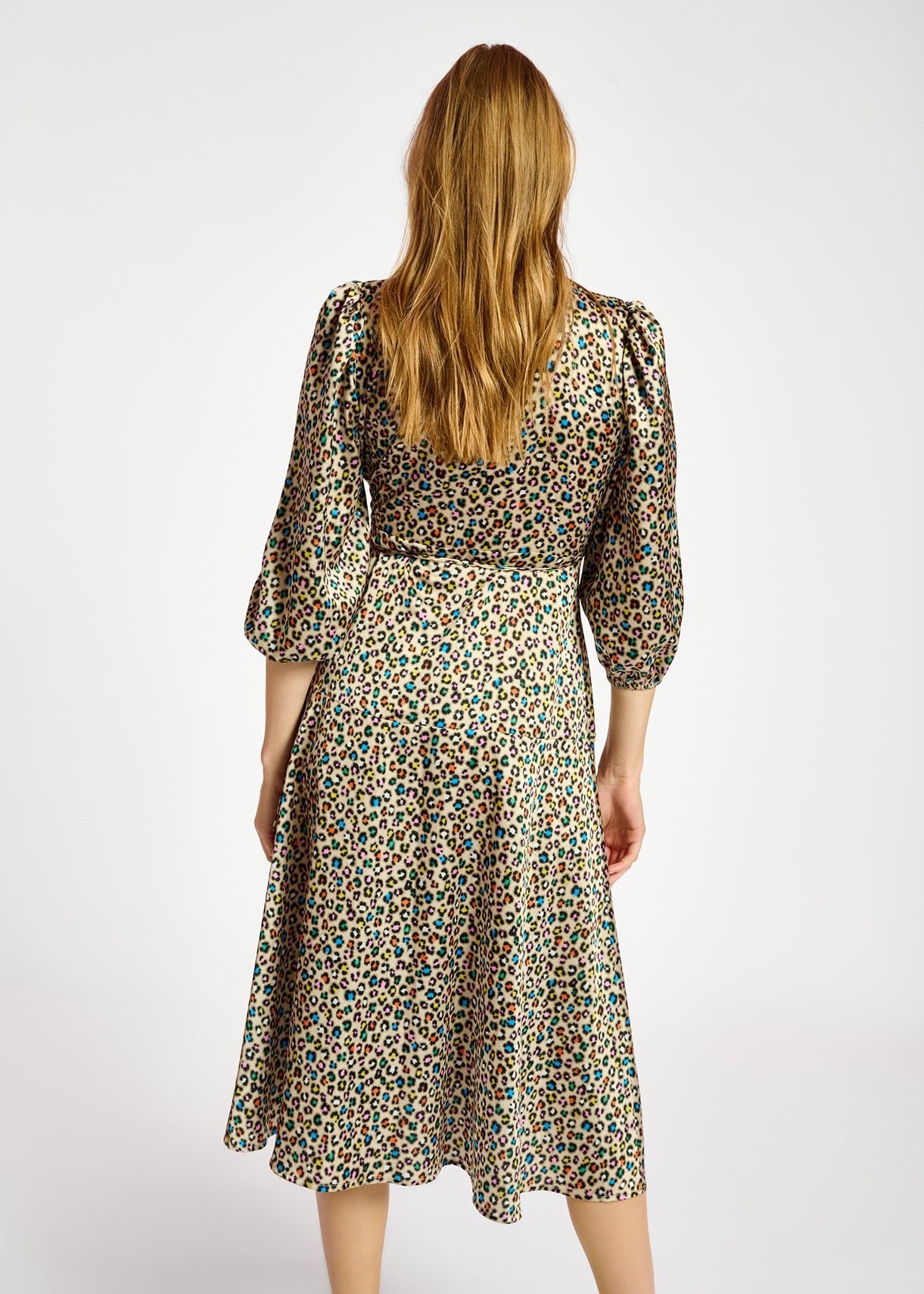 Beige midi-length wrap dress with multicolor leopard print RE—SSENTIEL | Essentiel second hand
