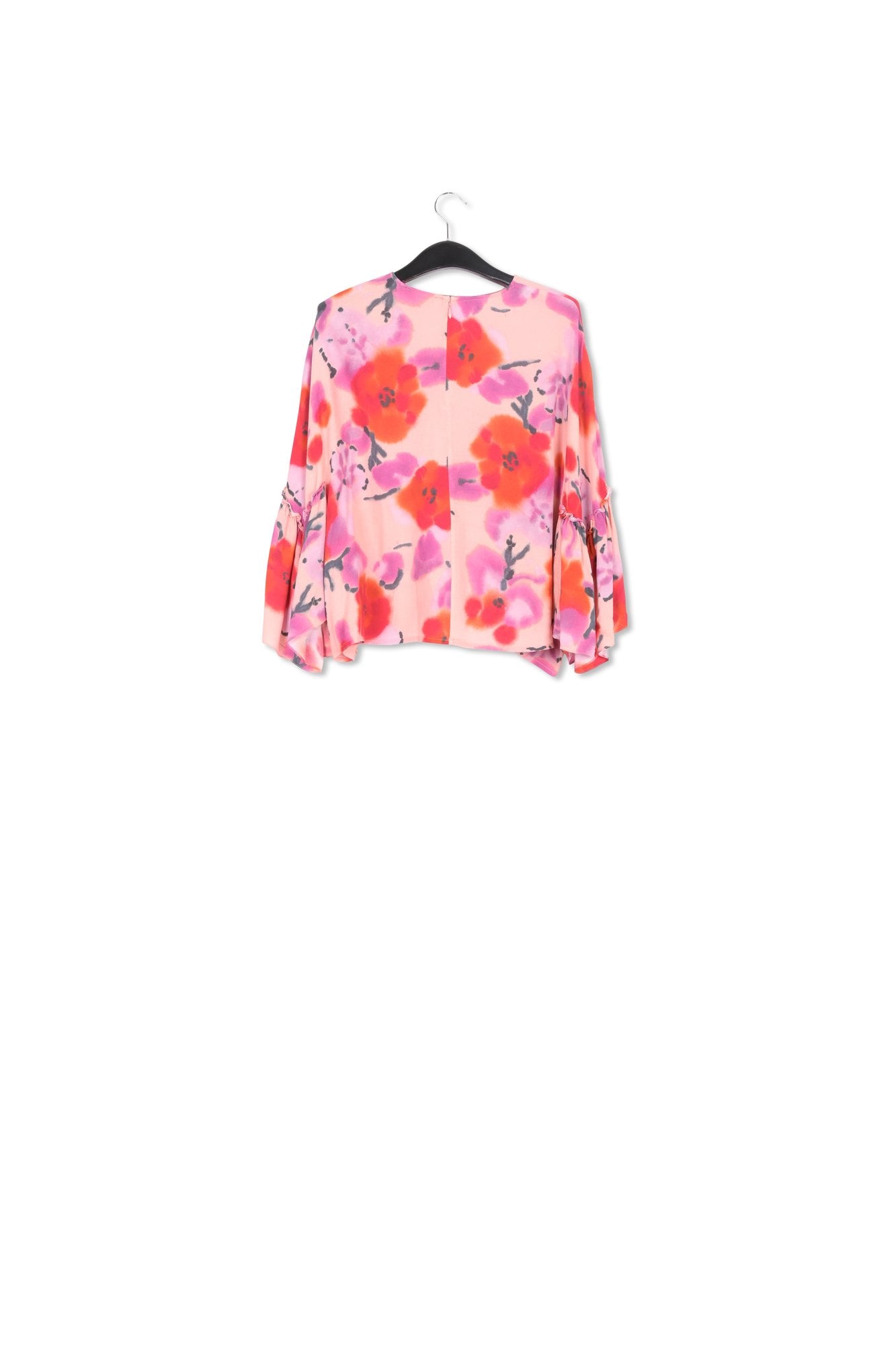 Light pink, red and purple floral printed top with ruffled sleeves RE—SSENTIEL | Essentiel second hand