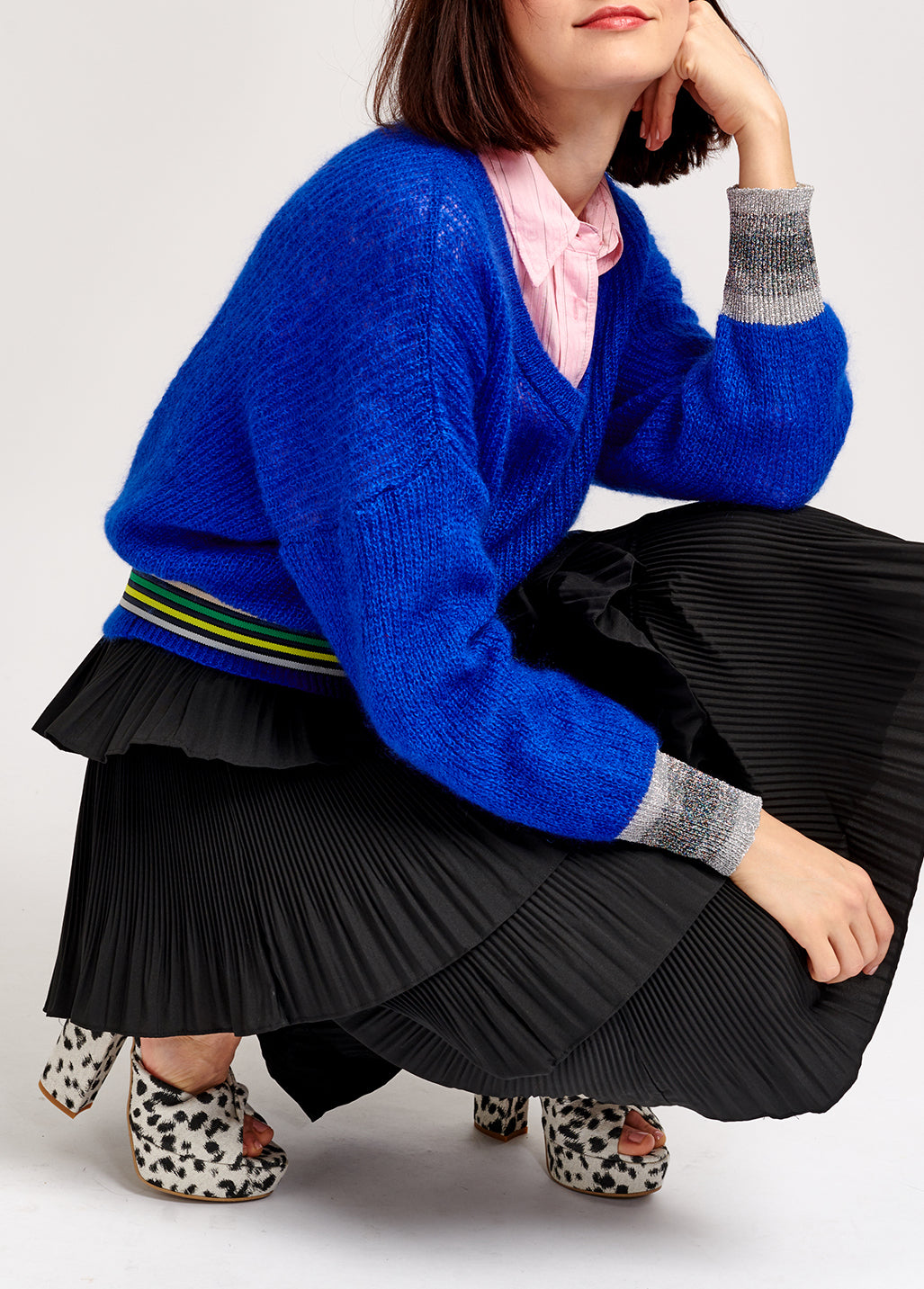 Cobalt blue mohair-blend v-neck sweater with metallic cuffs RE—SSENTIEL | Essentiel second hand