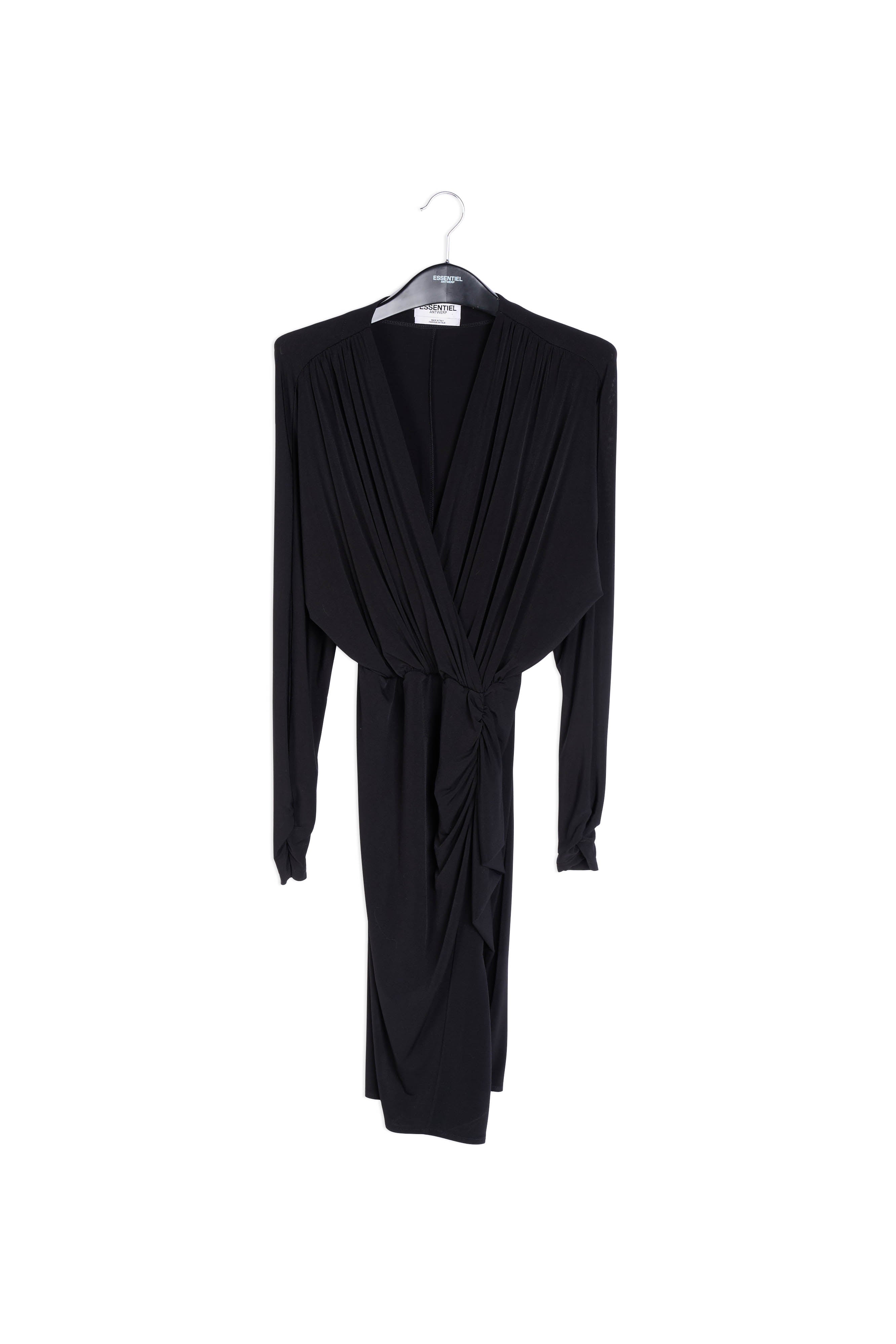 Zwarte aansluitende wikkeljurk met gedrapeerd detail RE—SSENTIEL | Essentiel second hand
