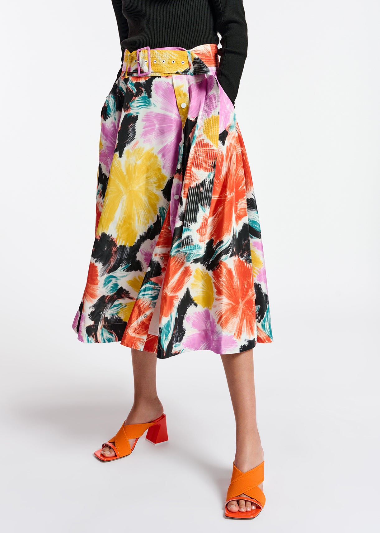 Black, orange and yellow floral print midi-length skirt RE—SSENTIEL | Essentiel second hand
