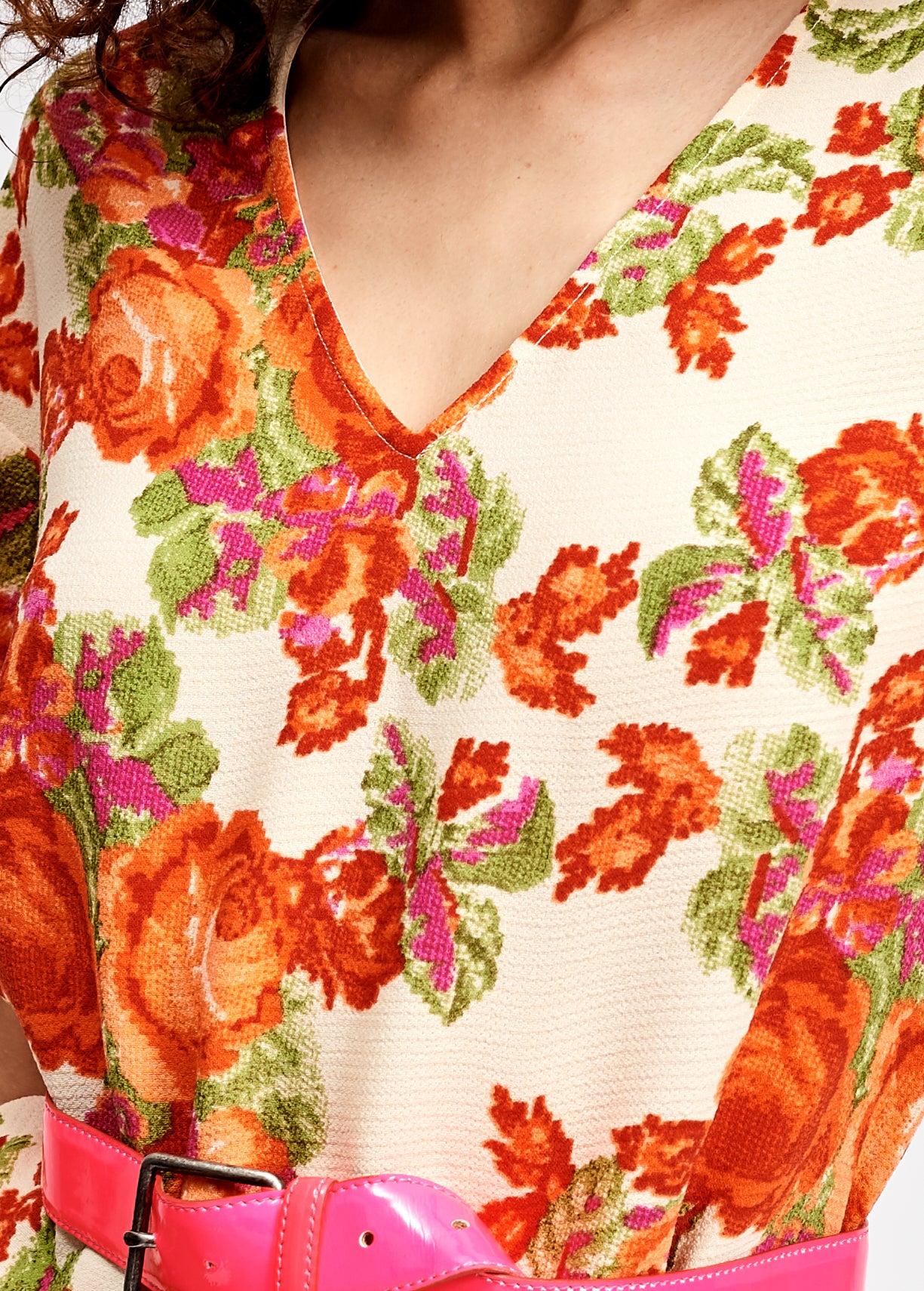 Orange and red floral print top with ruffled sleeves RE—SSENTIEL | Essentiel second hand