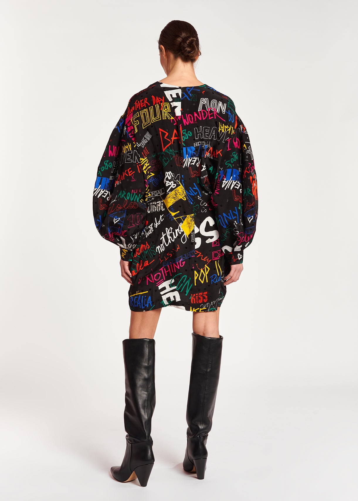 Black jacquard-silk minidress with text print RE—SSENTIEL | Essentiel second hand