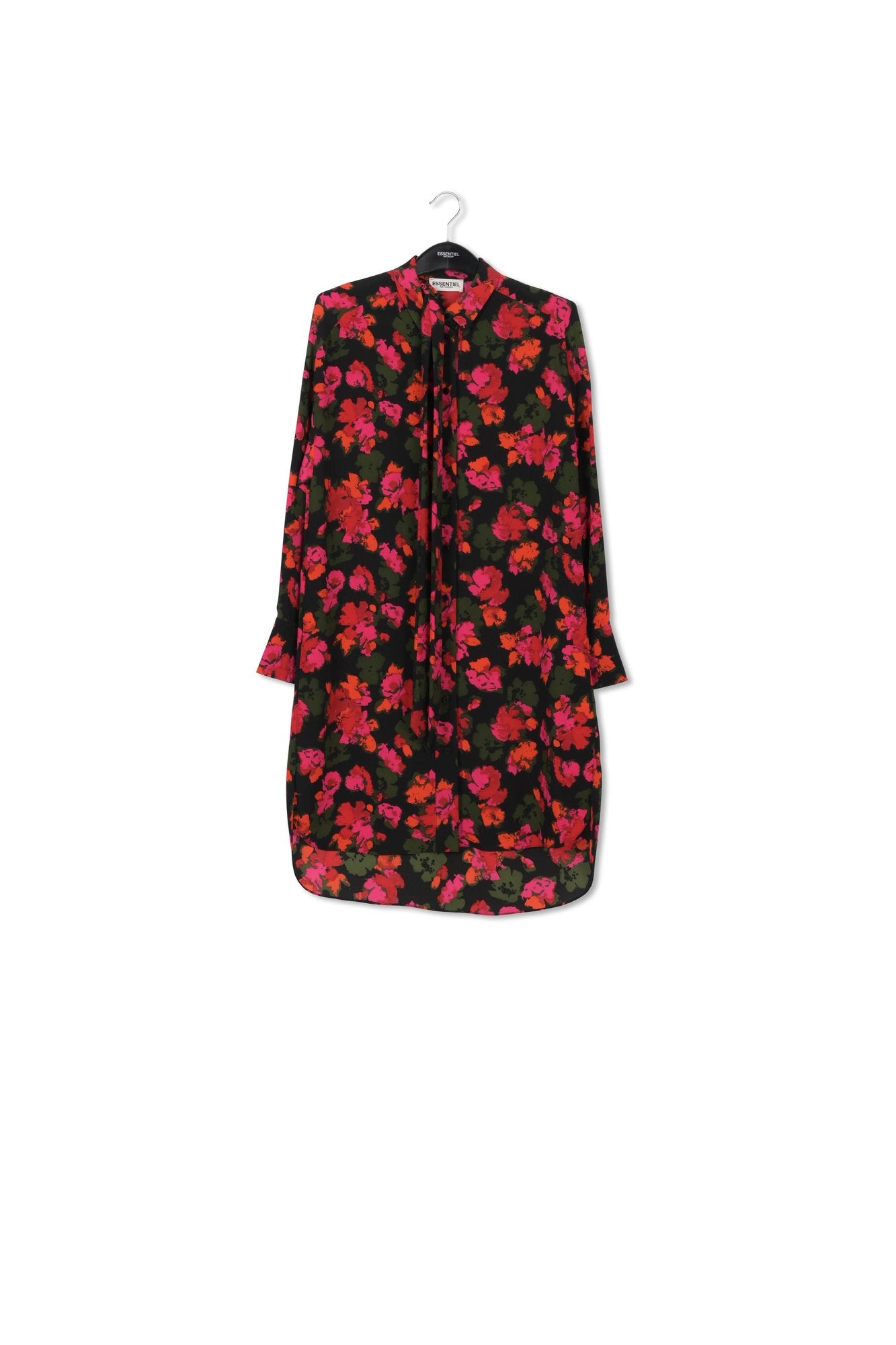 Black and red floral print midi shirt dress RE—SSENTIEL | Essentiel second hand